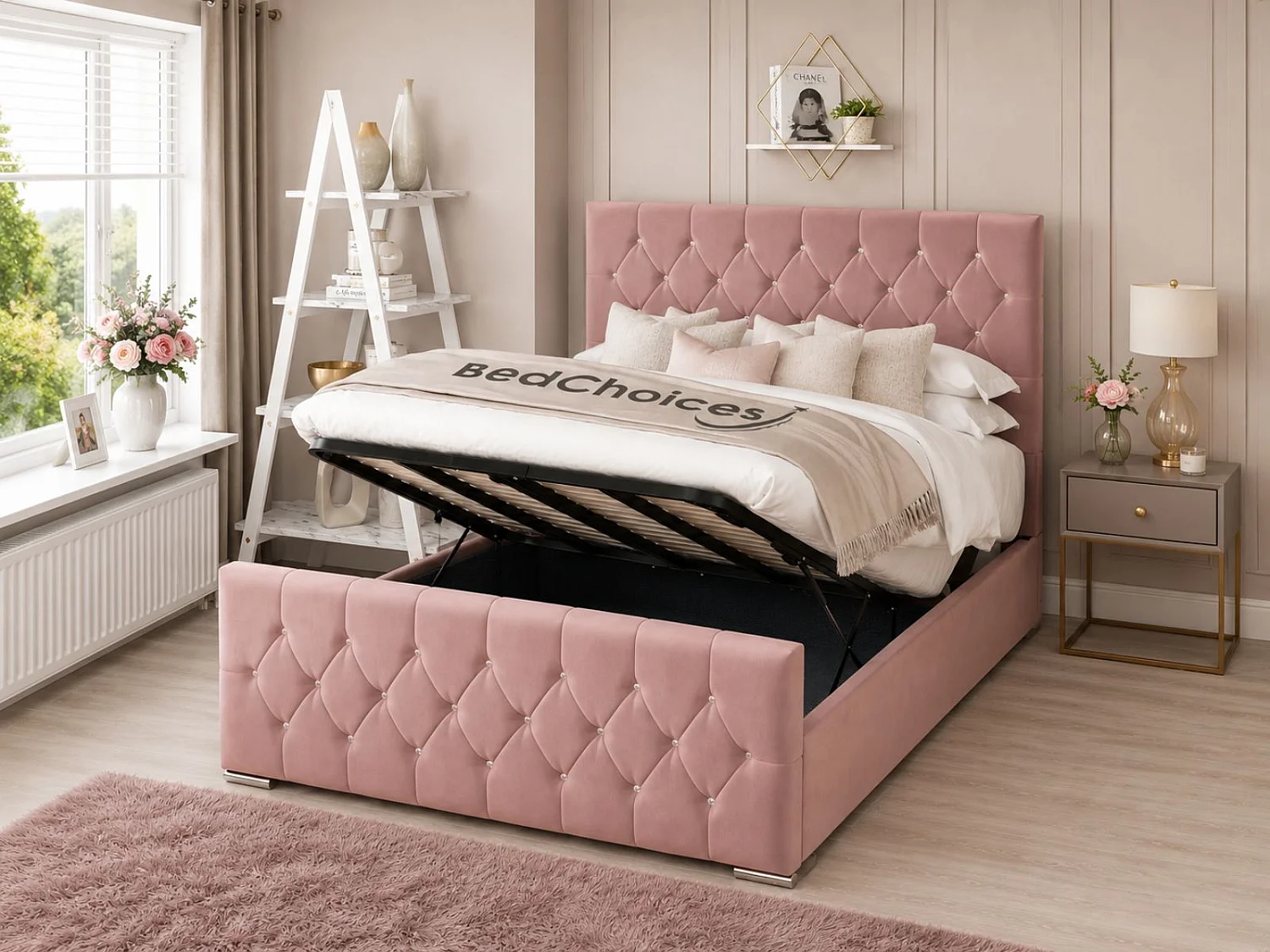 Florida Upholstered Bed Frame Ottoman Gas Lift with 70" Headboard (Pink) - 90 x 190 cm