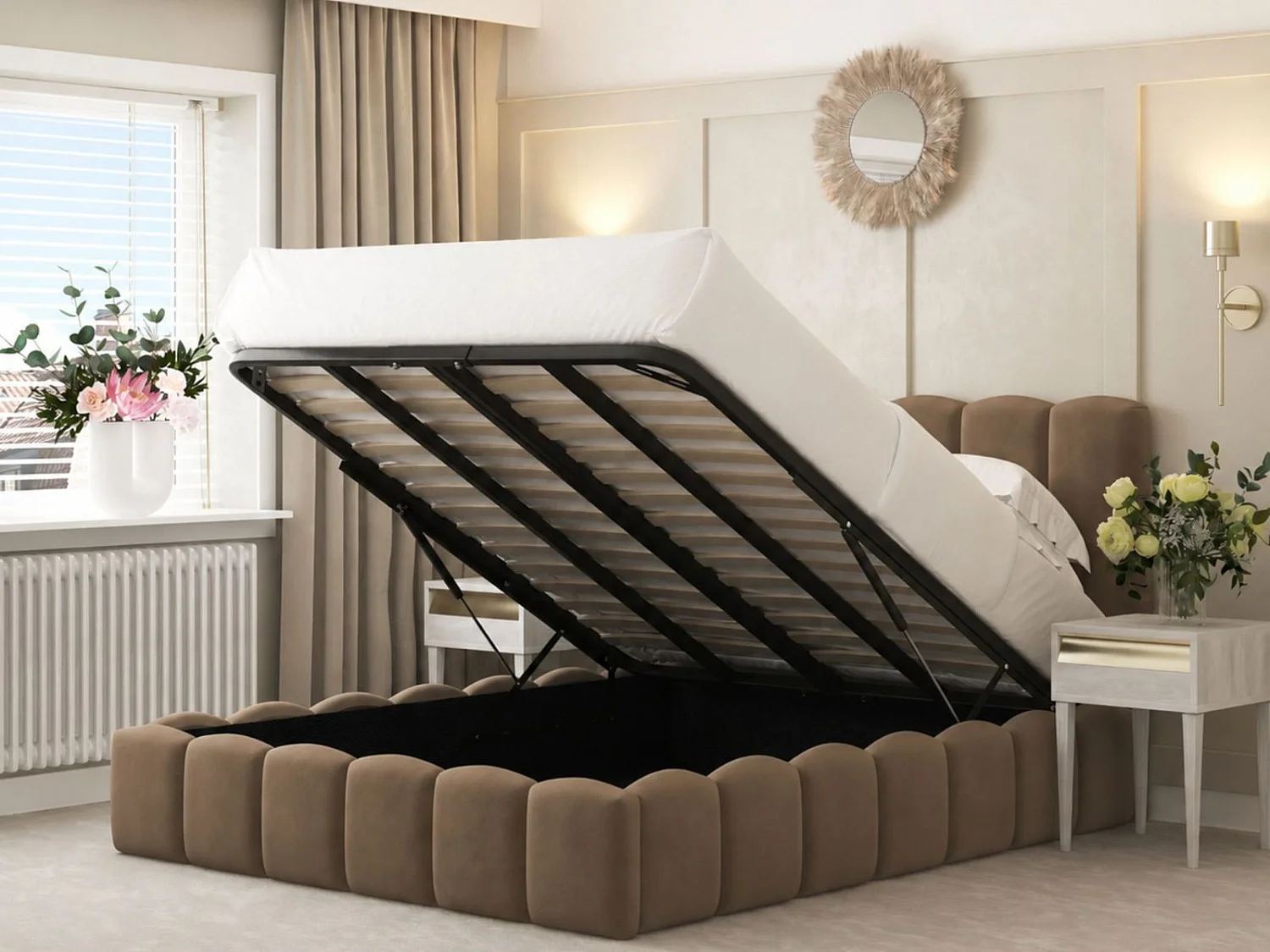Mayfair Upholstered Bubble Bed Frame with 54" Headboard & Ottoman Storage (Taupe) - 150 x 200 cm