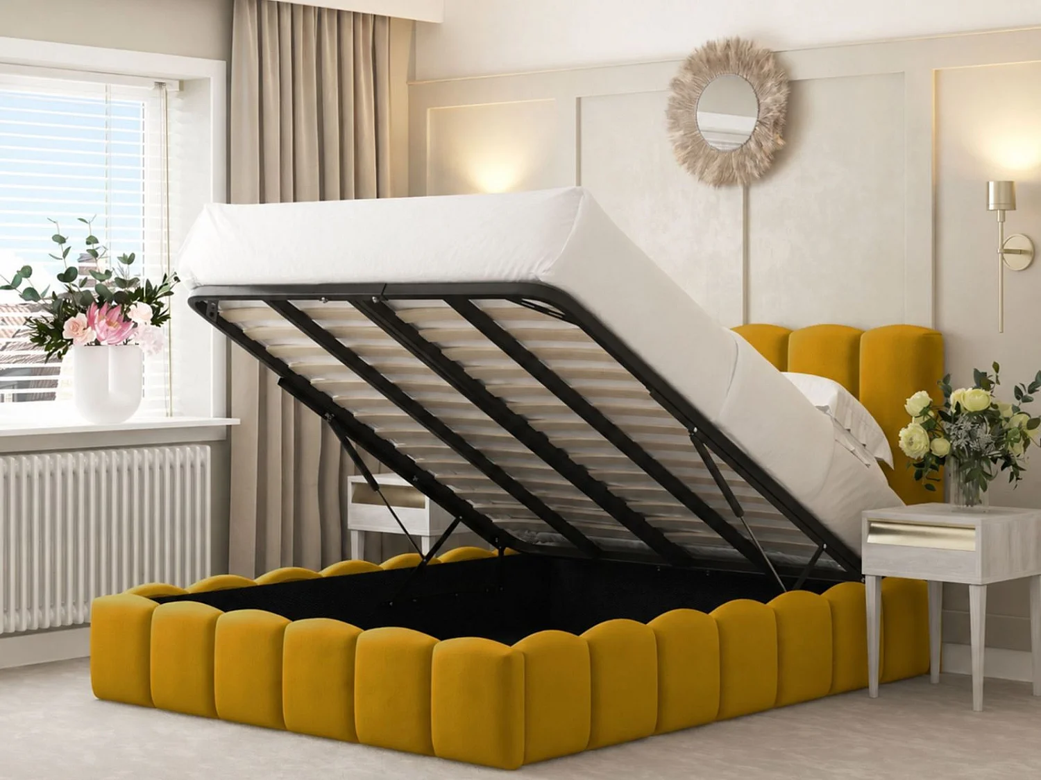 Mayfair Upholstered Bubble Bed Frame with 54" Headboard & Ottoman Storage (Mustard) - 180 x 200 cm