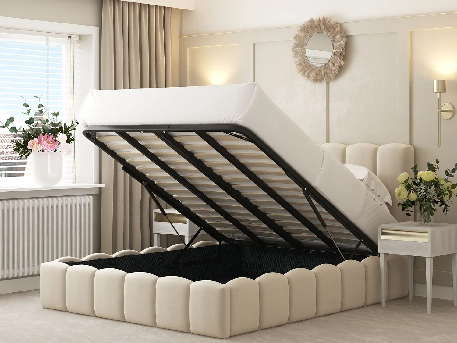 Mayfair Upholstered Bubble Bed Frame with 54" Headboard & Ottoman Storage (Cream) - 150 x 200 cm