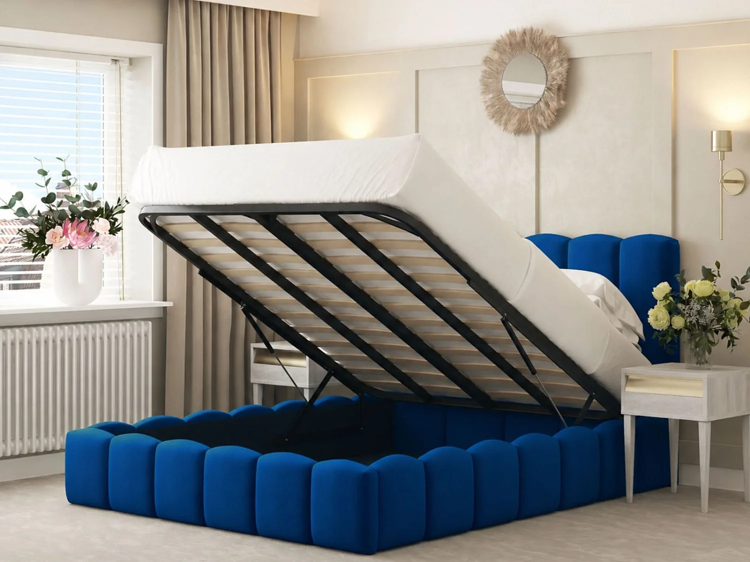 Mayfair Upholstered Bubble Bed Frame with 54" Headboard & Ottoman Storage (Blue) - 135 x 190 cm