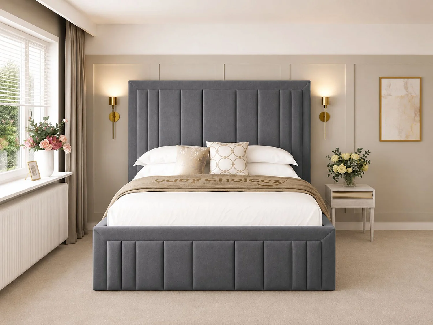 Emperor Upholstered Bed Frame with 54" Headboard (Grey) - 150 x 200 cm