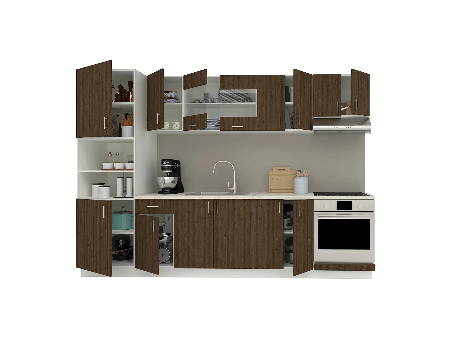 Set Cocina haaus Karo V27, Roble bronce/Blanco, Encimera Thermo 28 mm, L 300 cm