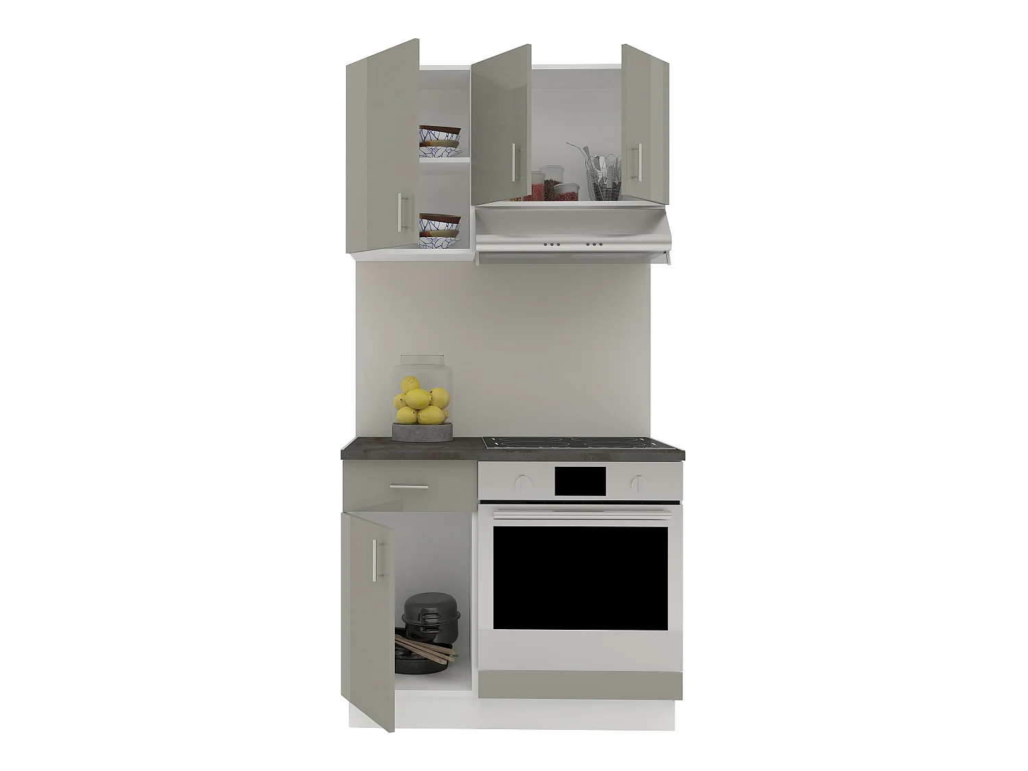 Set Cozinha haaus Karo V1, Cinza Brilhante/Branco, MDF, Tampo Thermo 28 mm, L 100 cm