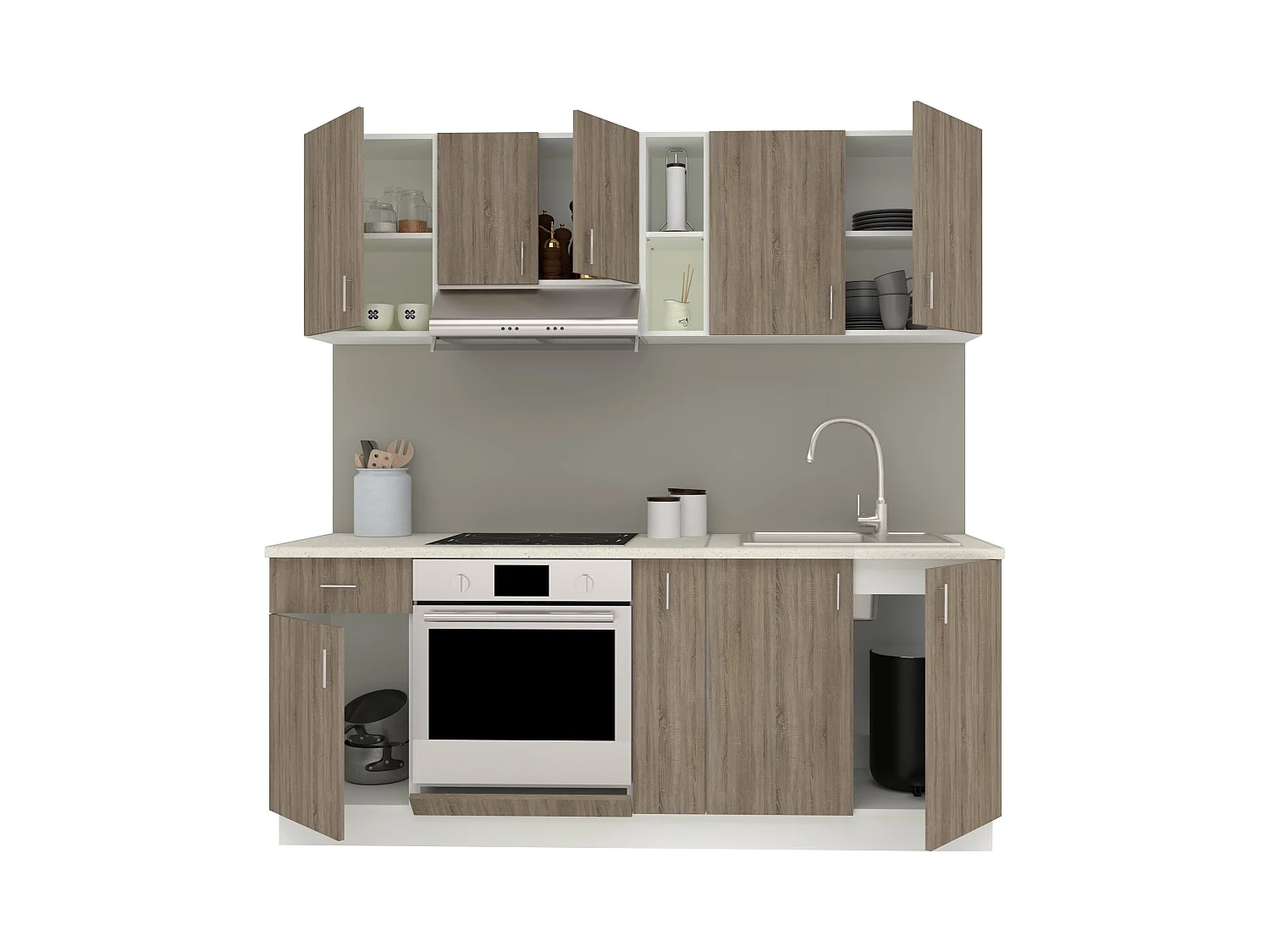 Set Cucina haaus Karo V11, Rovere Sonoma Scuro/Bianco, Piano di lavoro Thermo 28 mm, L 200