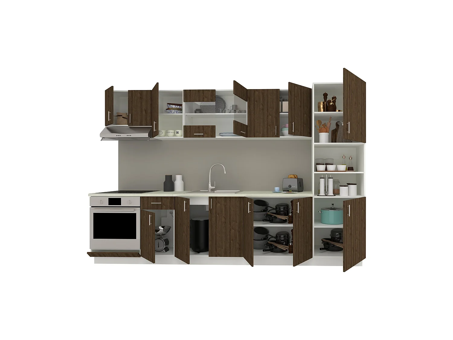 Set Cuisine haaus Karo V30, Chêne bronze/Blanc, Plan de travail Thermo 28 mm, L 320 cm