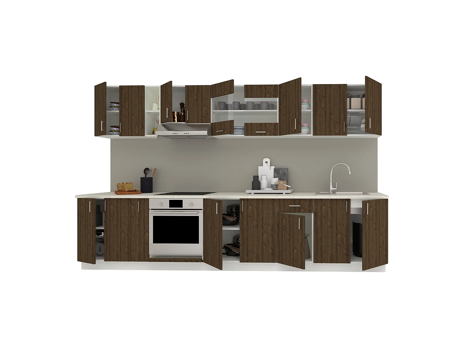 Set Cuisine haaus Karo V32, Chêne bronze/Blanc, Plan de travail Thermo 28 mm, L 340 cm