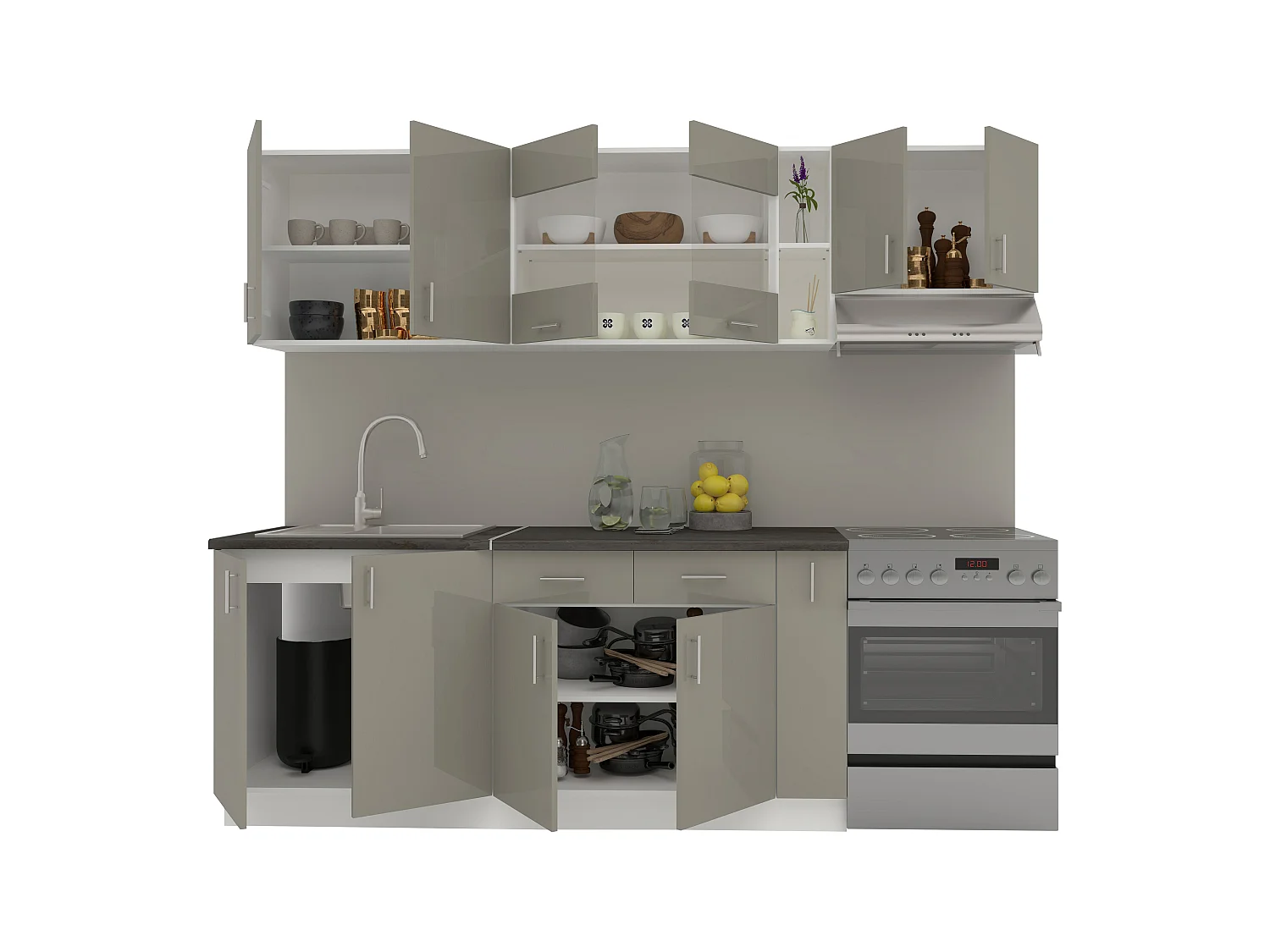 Set Cozinha haaus Karo V16, Cinza Brilhante/Branco, MDF, Tampo Thermo 28 mm, L 240 cm