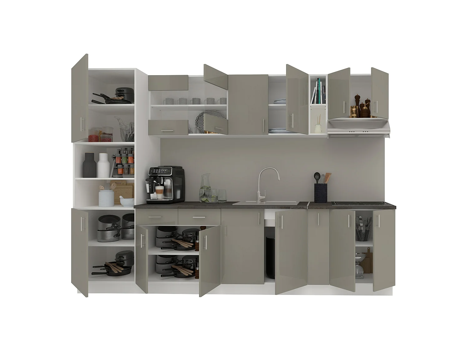 Set Cozinha haaus Karo V26, Cinza Brilhante/Branco, MDF, Tampo Thermo 28 mm, L 300 cm