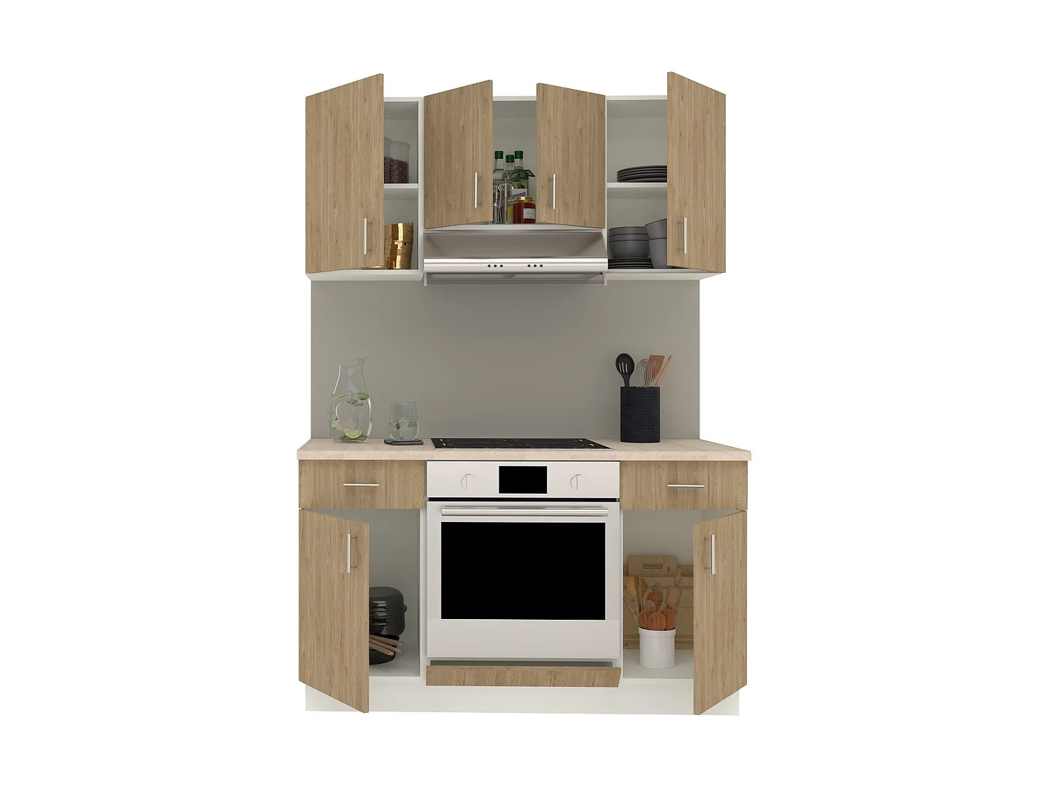 Conjunto de Cozinha haaus Karo V5, Madeira Natural/Branco, Bancada Thermo 28 mm, L 140 cm