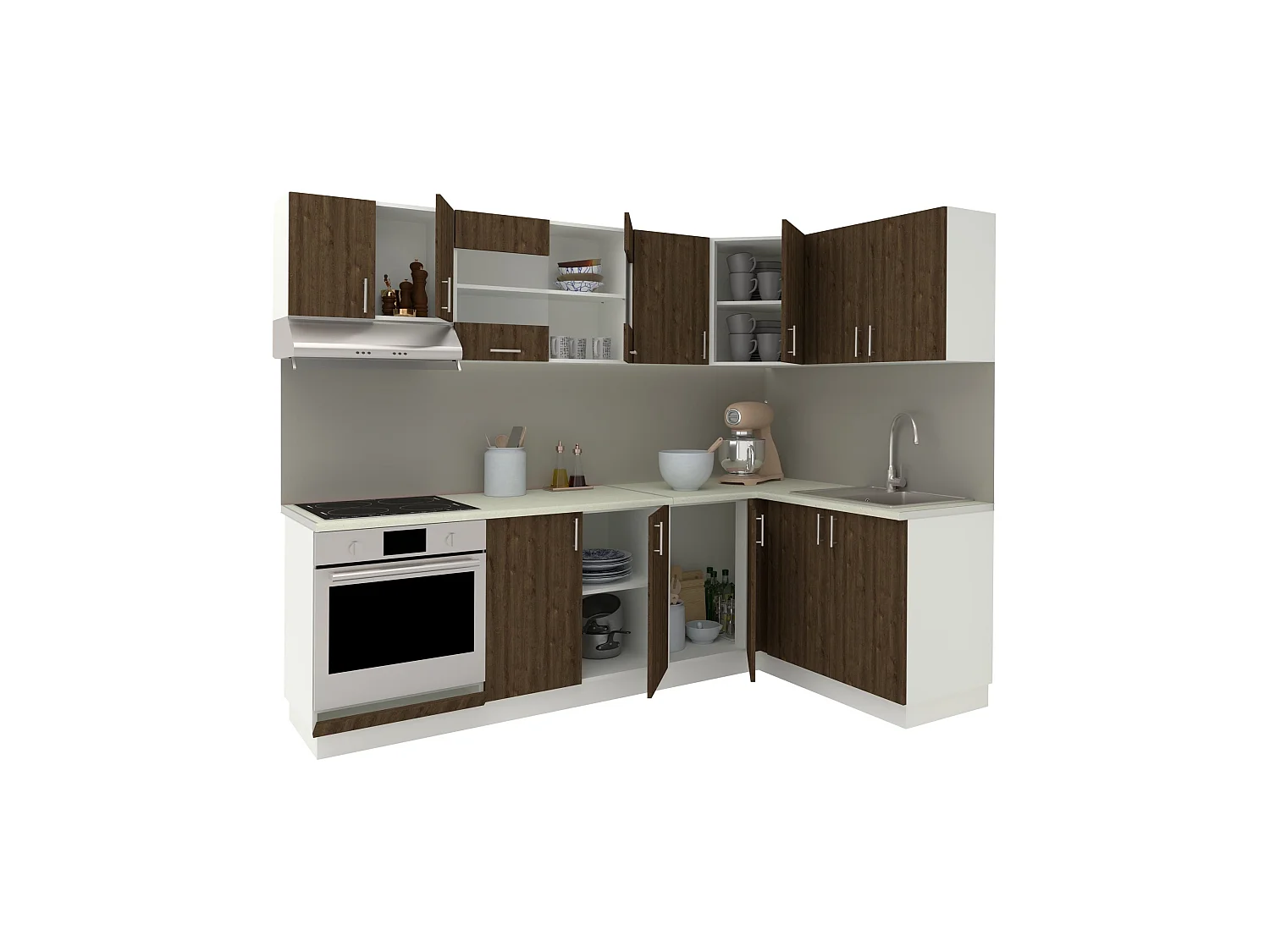 Set Cuisine haaus Karo V34, Chêne bronze/Blanc, Plan de travail Thermo 28 mm, L 240 x 140 cm