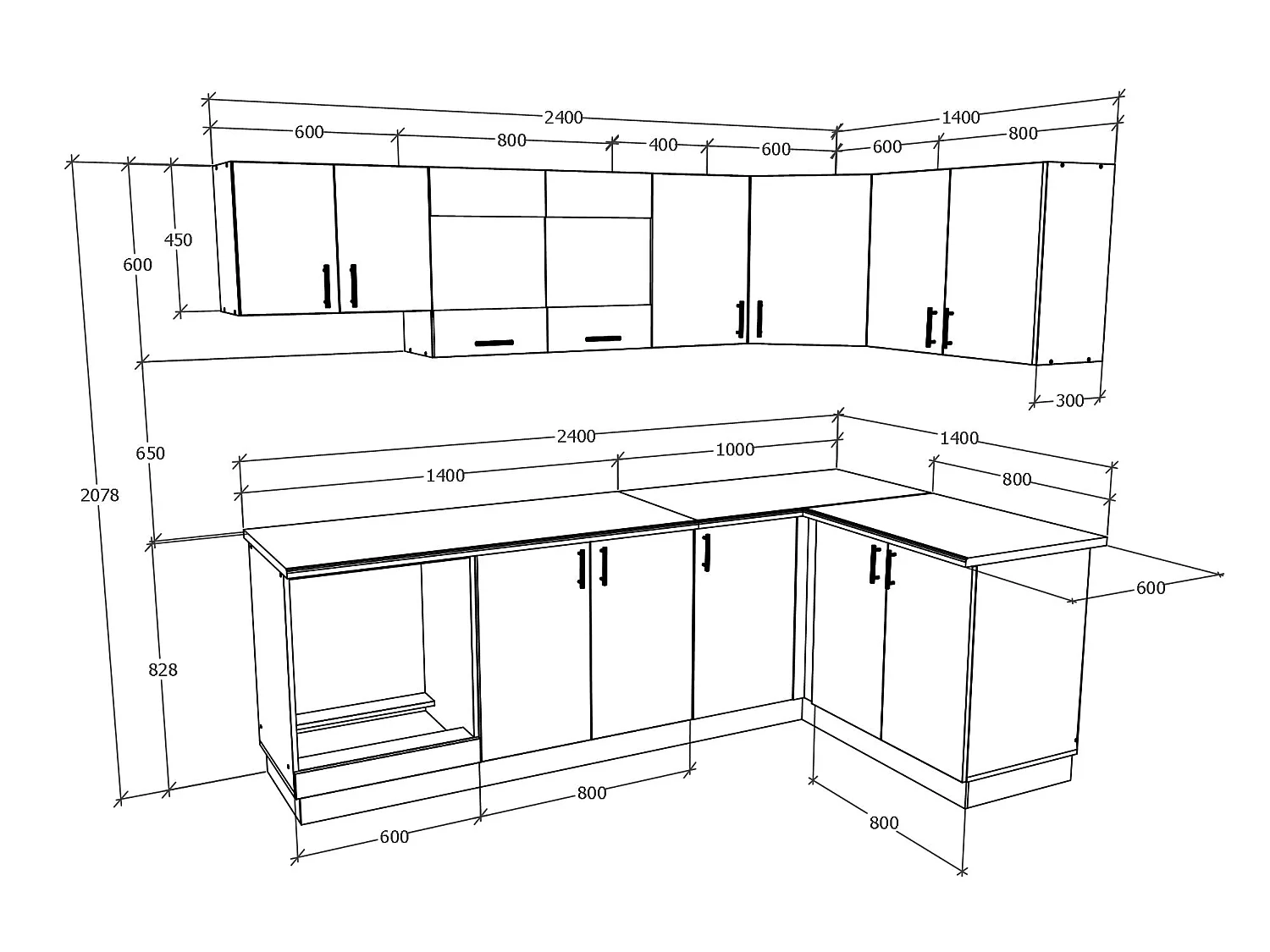 Set Cuisine haaus Karo V34, Chêne bronze/Blanc, Plan de travail Thermo 28 mm, L 240 x 140 cm