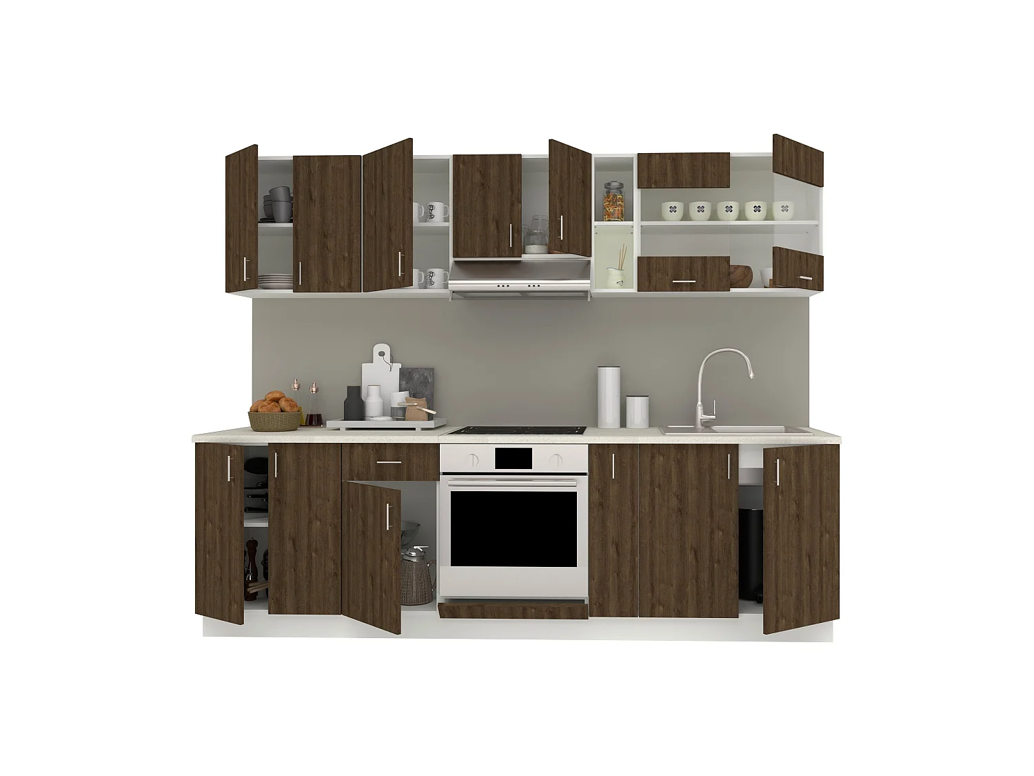 Set Cuisine haaus Karo V19, Chêne bronze/Blanc, Plan de travail Thermo 28 mm, L 260 cm