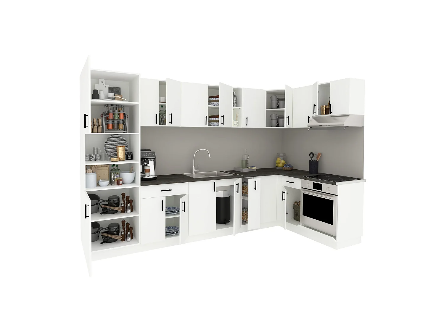 Set Cocina haaus esquinera Karo V35, Blanco, Encimera Thermo 28 mm, L 320 x 160 cm