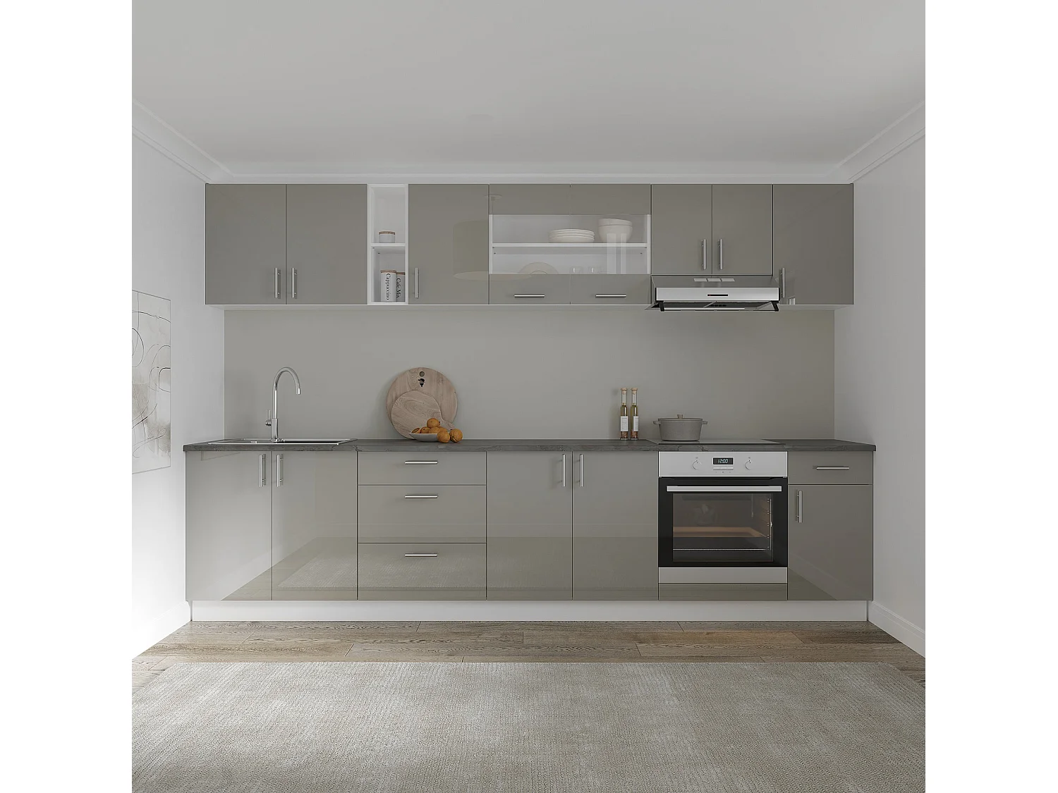 Set Cucina haaus Karo V28, Grigio Lucido/Bianco, MDF, Piano di lavoro Thermo 28 mm, L 320 cm
