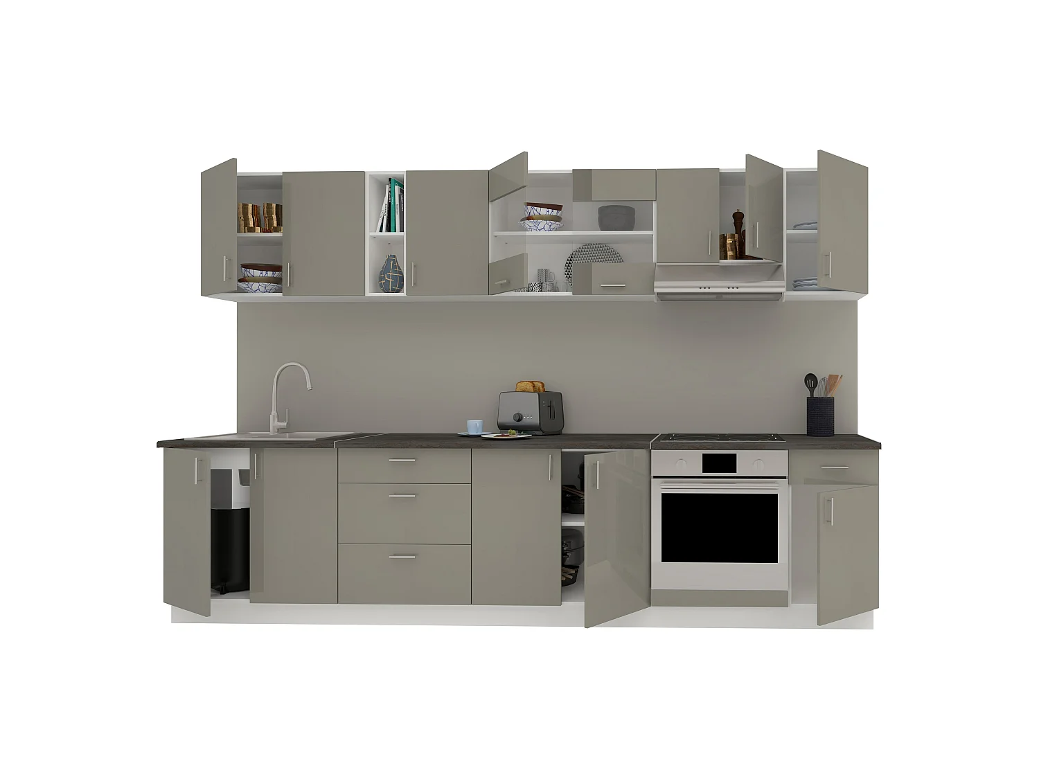 Set Cucina haaus Karo V28, Grigio Lucido/Bianco, MDF, Piano di lavoro Thermo 28 mm, L 320 cm