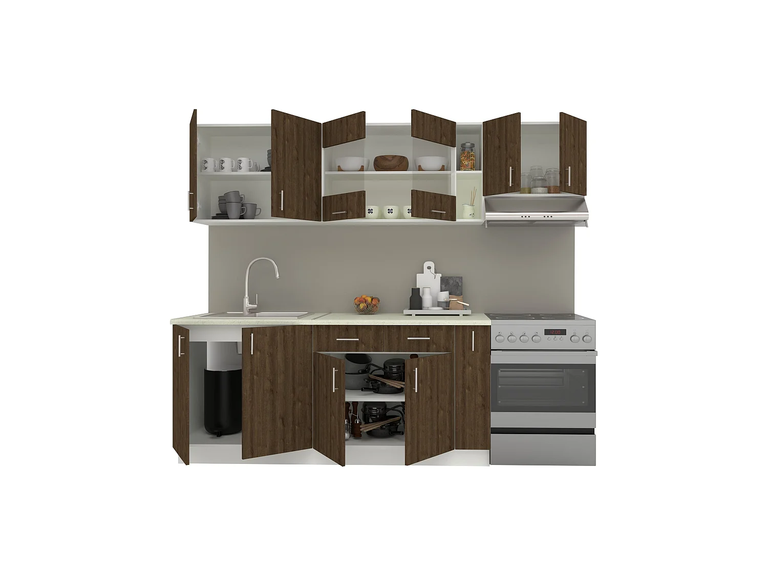 Set Cuisine haaus Karo V16, Chêne bronze/Blanc, Plan de travail Thermo 28 mm, L 240 cm