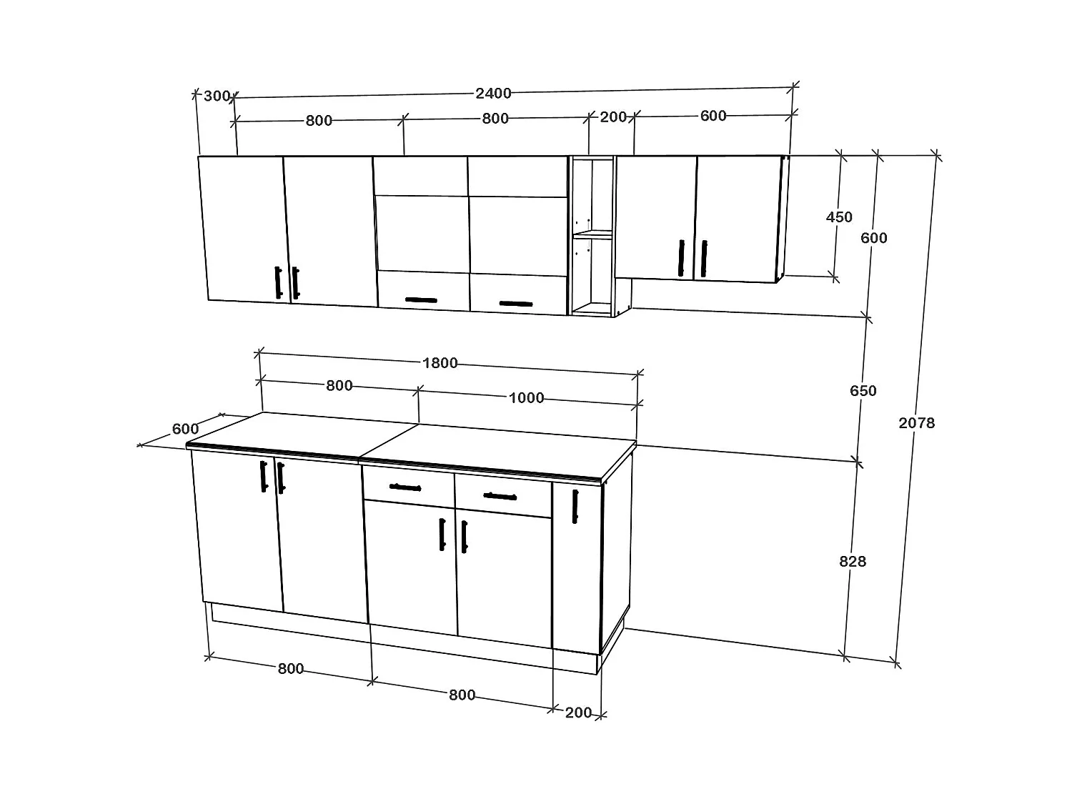 Set Cuisine haaus Karo V16, Chêne bronze/Blanc, Plan de travail Thermo 28 mm, L 240 cm