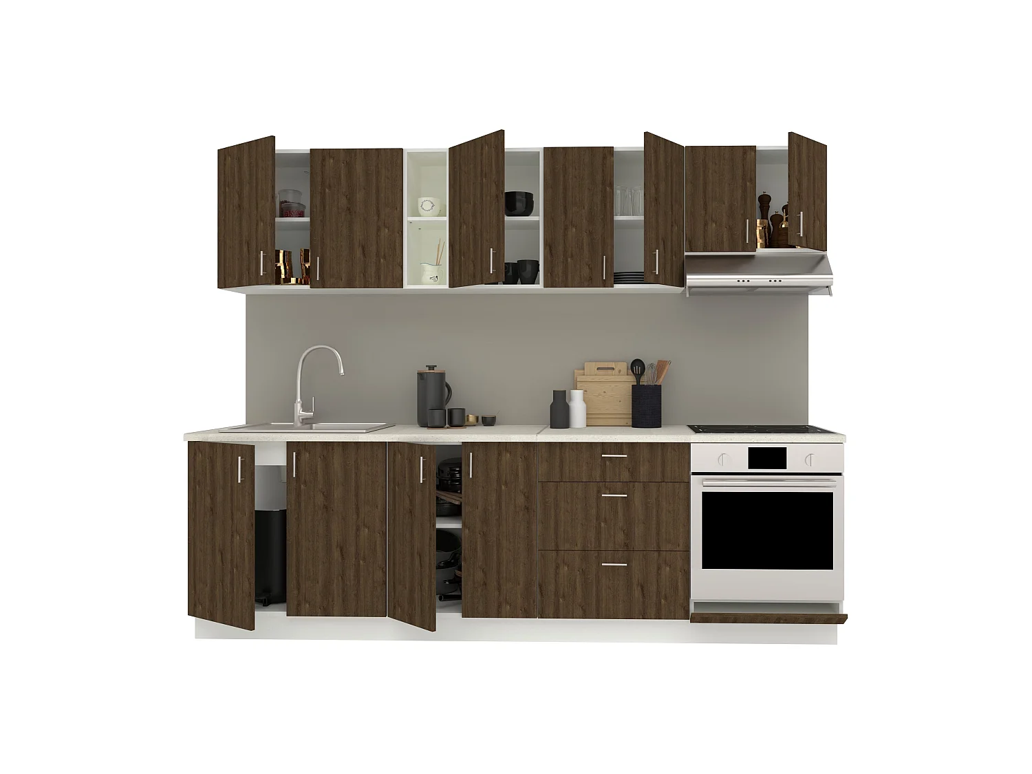 Set Cuisine haaus Karo V18, Chêne bronze/Blanc, Plan de travail Thermo 28 mm, L 260 cm