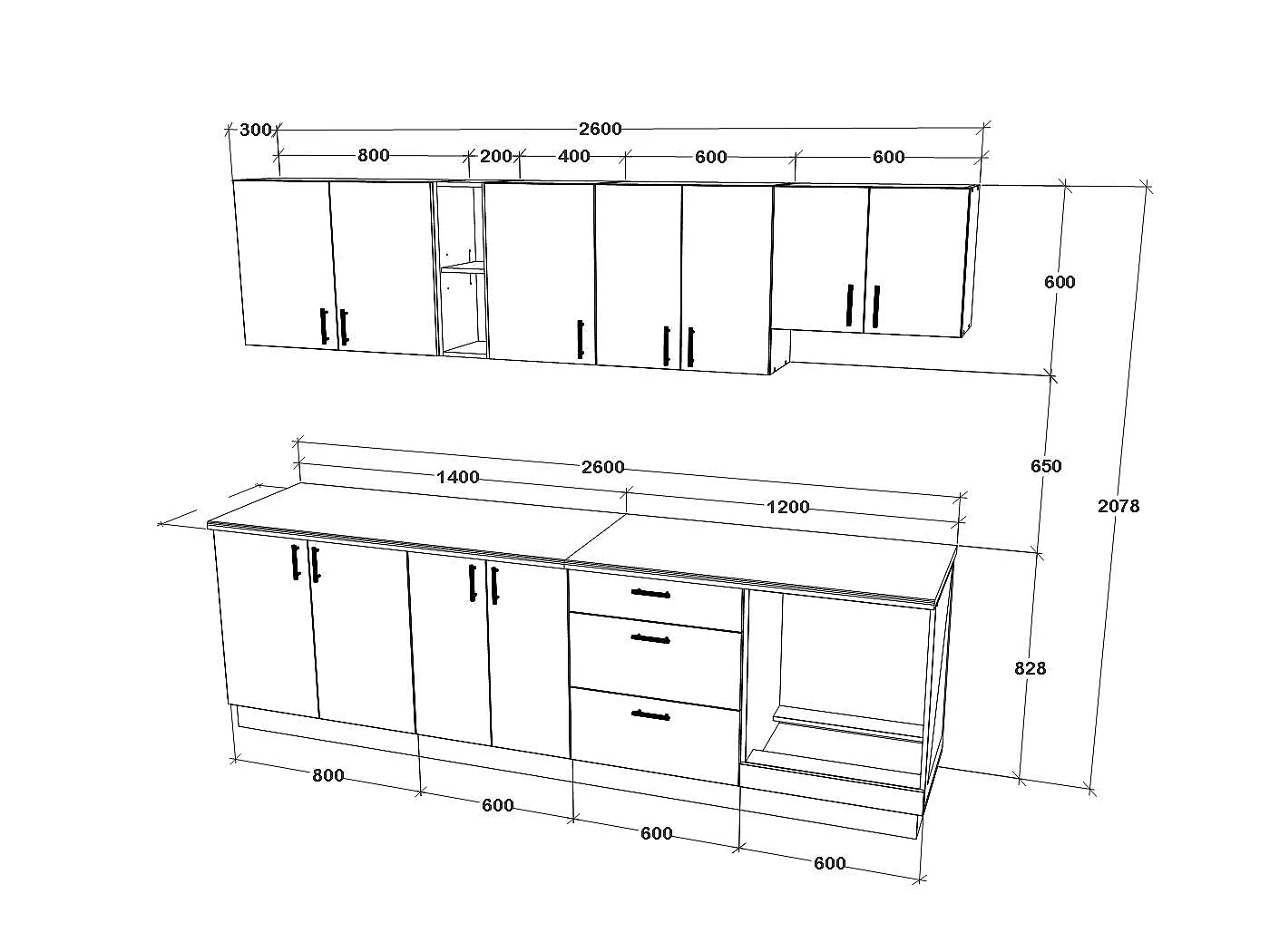 Set Cuisine haaus Karo V18, Chêne bronze/Blanc, Plan de travail Thermo 28 mm, L 260 cm