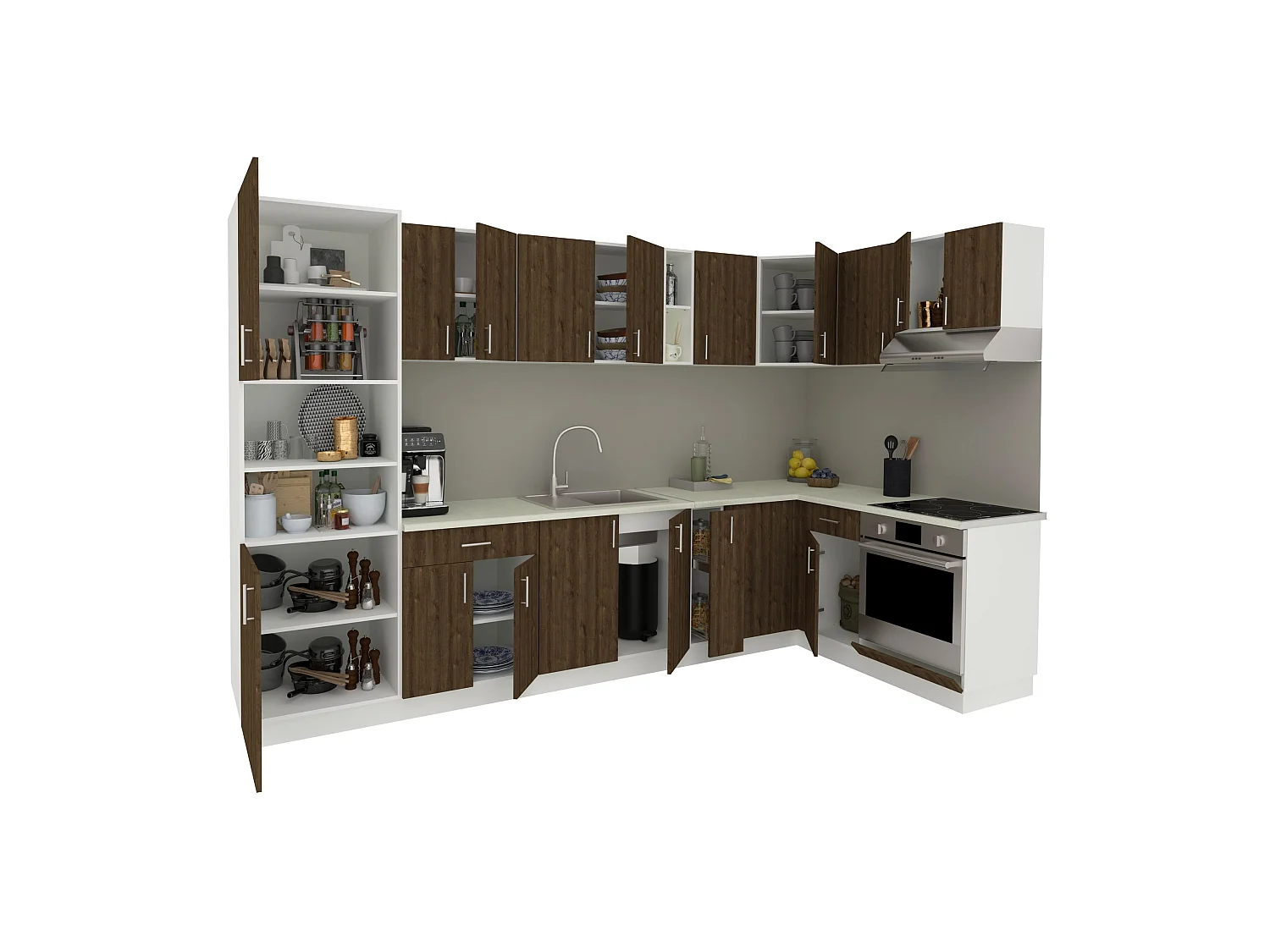 Set Cuisine haaus Karo V35, Chêne bronze/Blanc, Plan de travail Thermo 28 mm, L 320 x 160 cm
