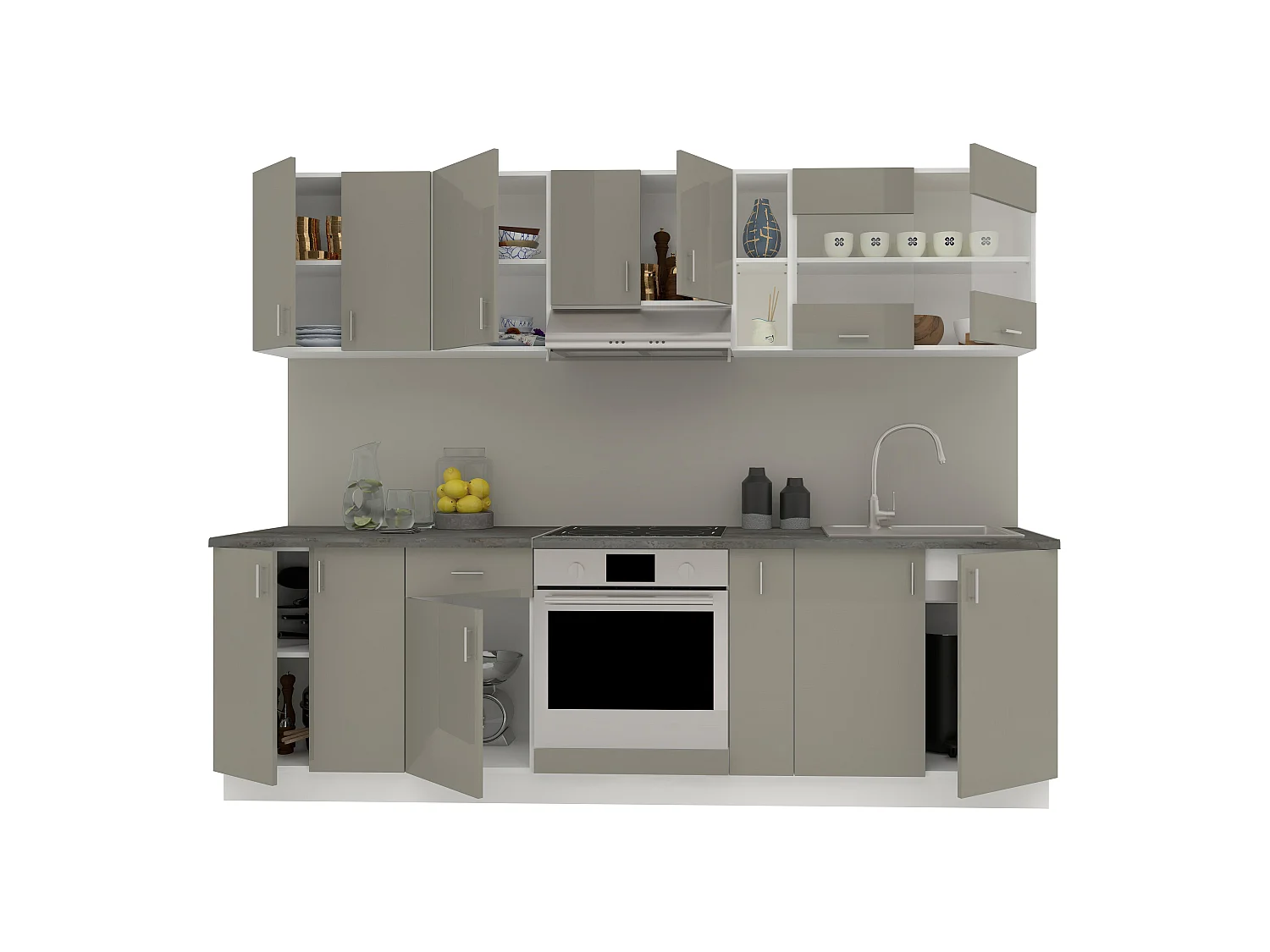 Set Cozinha haaus Karo V19, Cinza Brilhante/Branco, MDF, Tampo Thermo 28 mm, L 260 cm