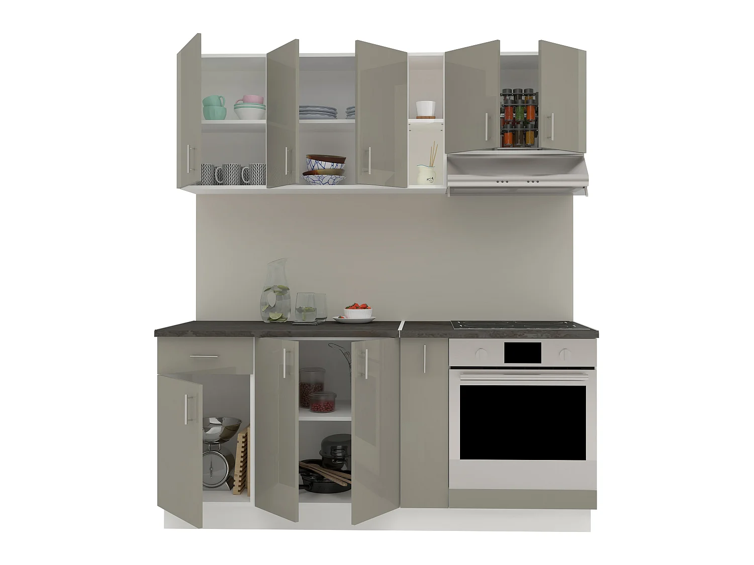 Set Cozinha haaus Karo V9, Cinza Brilhante/Branco, MDF, Tampo Thermo 28 mm, L 180 cm