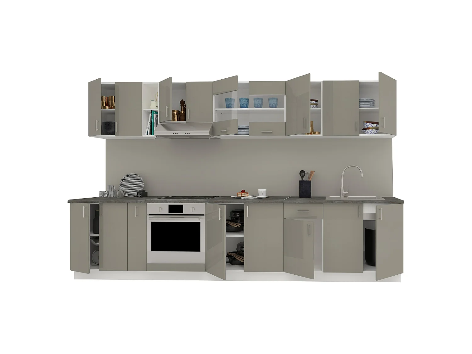 Set Cozinha haaus Karo V32, Cinza Brilhante/Branco, MDF, Tampo Thermo 28 mm, L 340 cm
