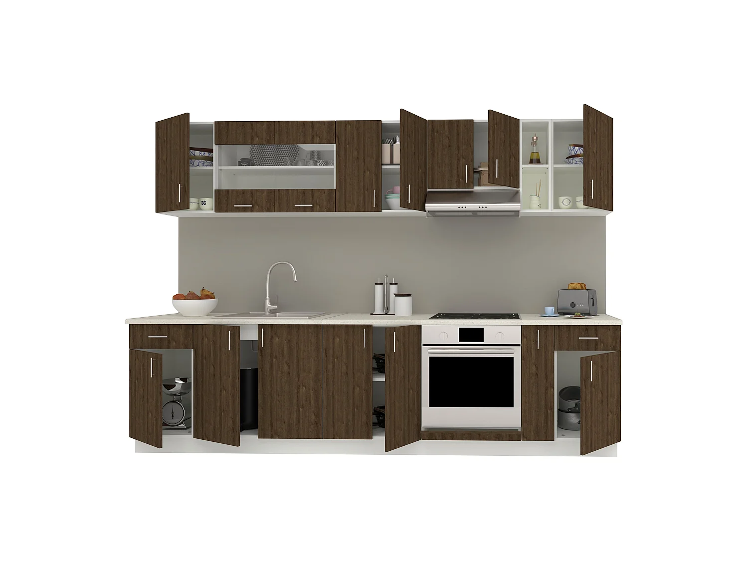 Set Cocina haaus Karo V25, Roble bronce/Blanco, Encimera Thermo 28 mm, L 300 cm