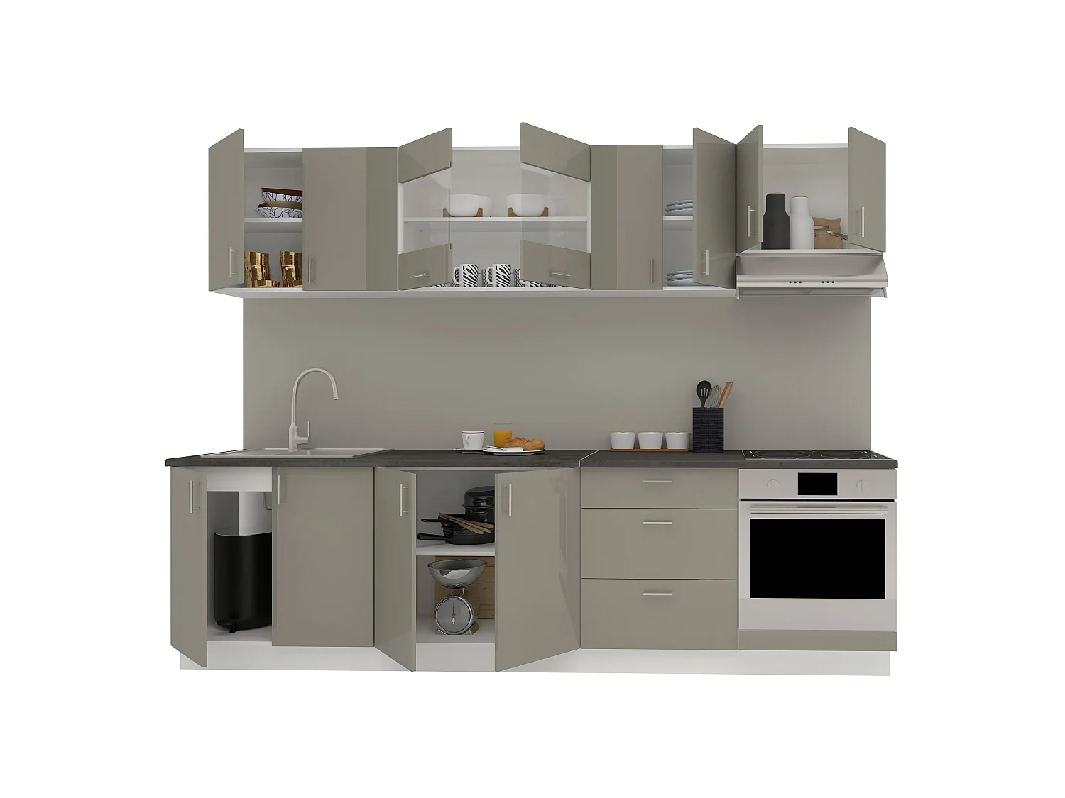 Set Cozinha haaus Karo V22, Cinza Brilhante/Branco, MDF, Tampo Thermo 28 mm, L 280 cm