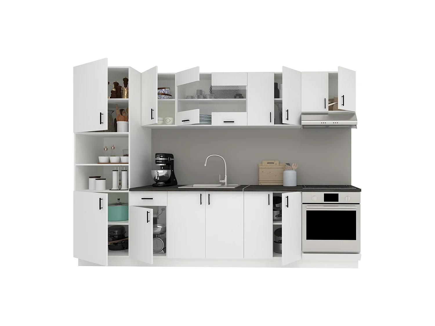 Set Cucina haaus Karo V27, Bianco, Piano di lavoro Thermo 28 mm, L 300 cm
