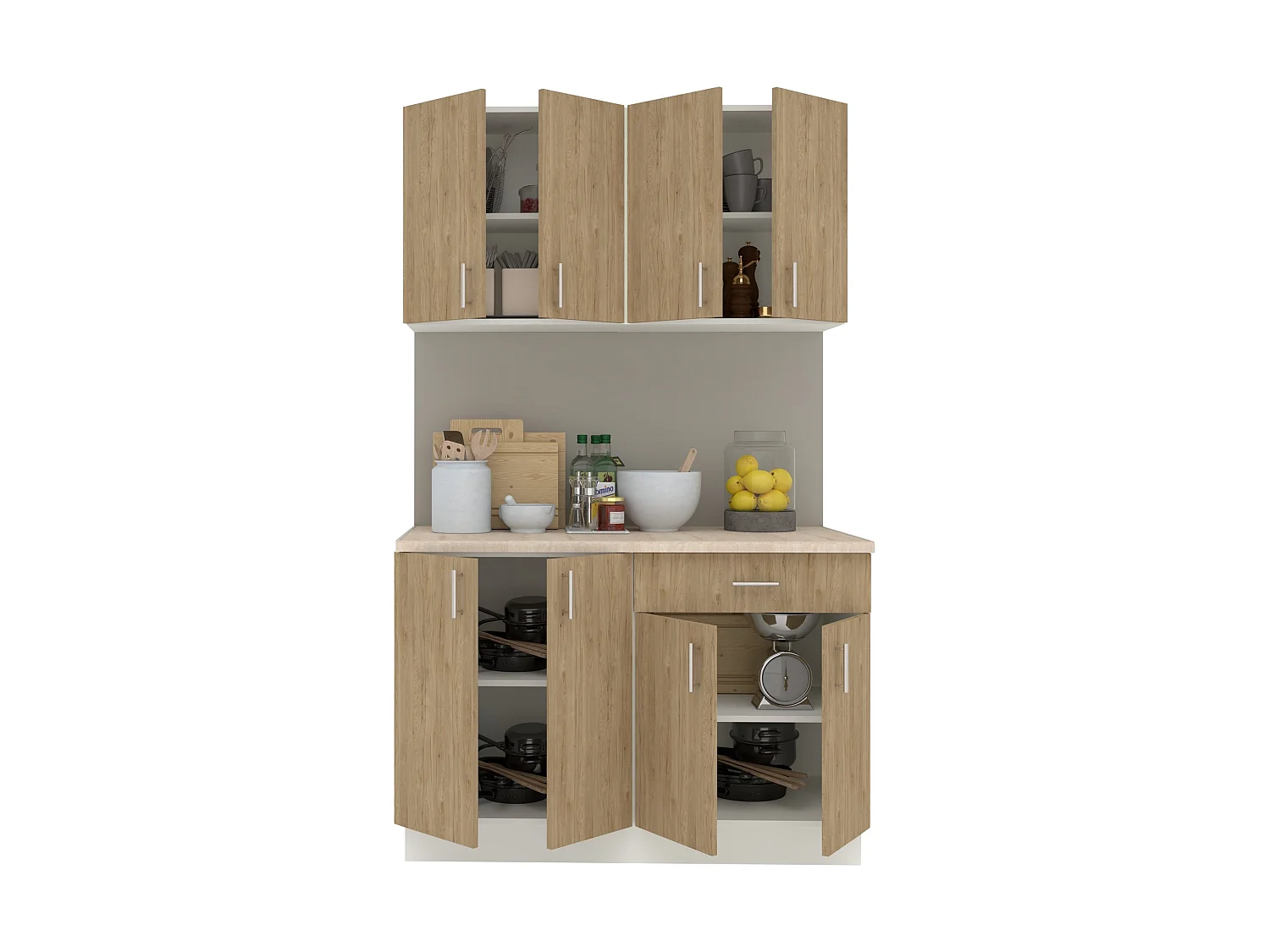 Set Cuisine haaus Karo V2, Bois Naturel/Blanc, Plan de Travail Thermo 28 mm, L 120 cm