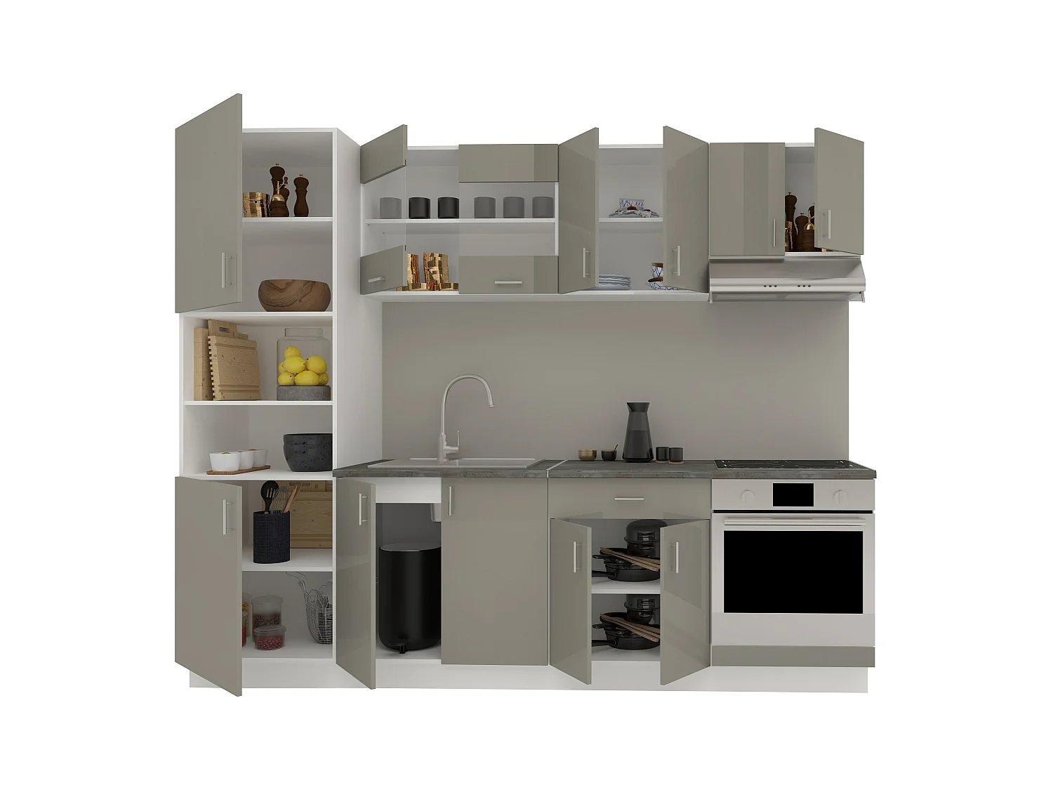 Set Cozinha haaus Karo V20, Cinza Brilhante/Branco, MDF, Tampo Thermo 28 mm, L 260 cm