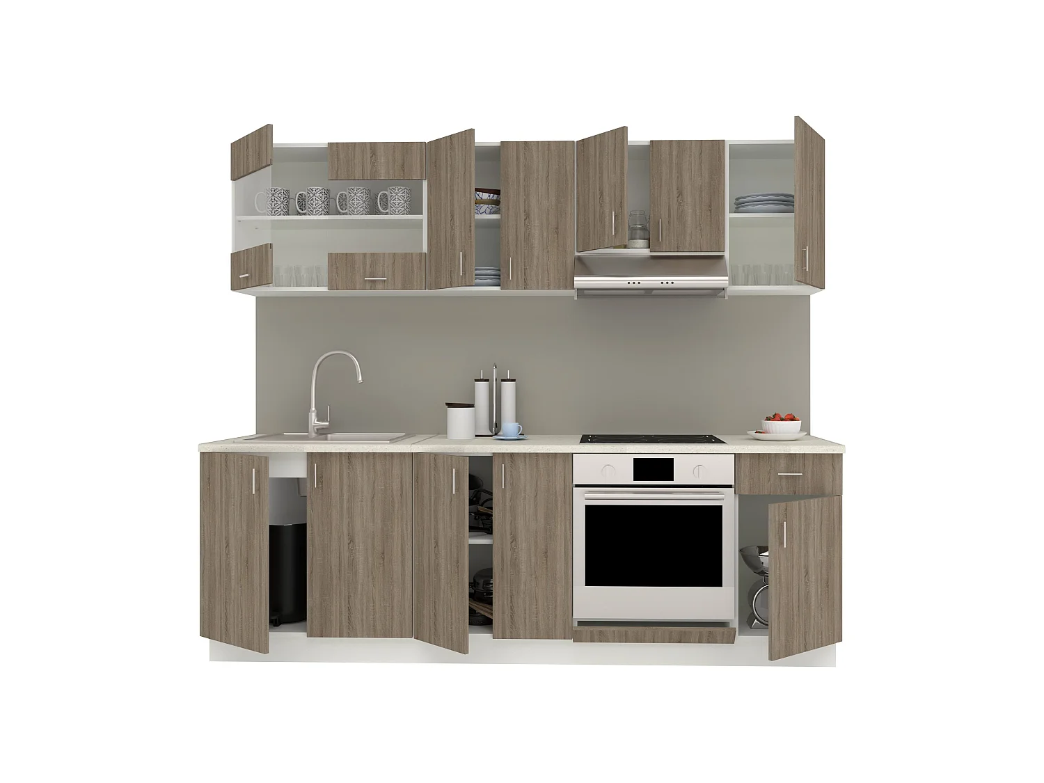 Set Cucina haaus Karo V15, Rovere Sonoma Scuro/Bianco, Piano di lavoro Thermo 28 mm, L 240