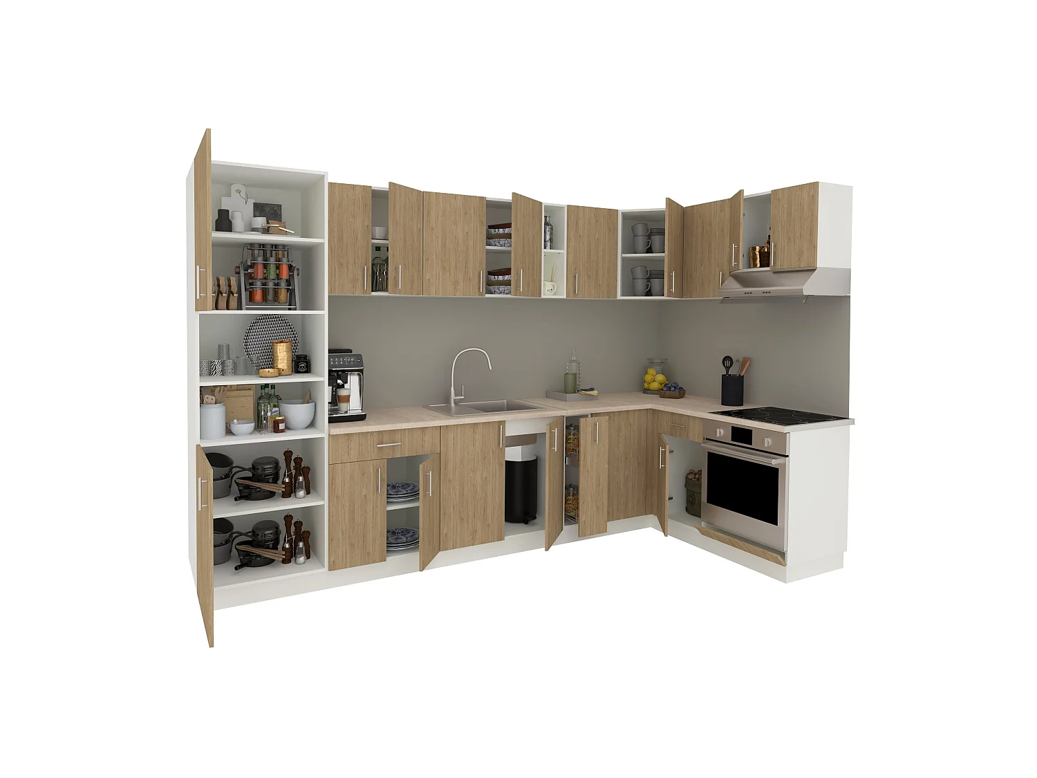 Conjunto de Cozinha haaus Karo V35, Madeira Natural/Branco, Bancada Thermo 28 mm, L 320 x 160 cm