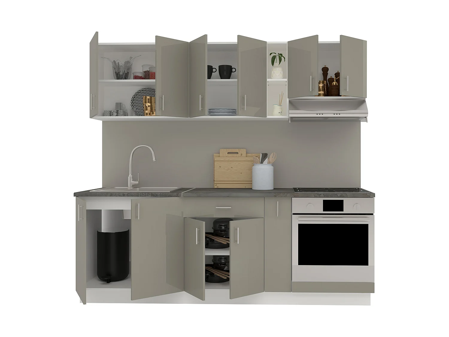 Set Cozinha haaus Karo V14, Cinza Brilhante/Branco, MDF, Tampo Thermo 28 mm, L 220 cm