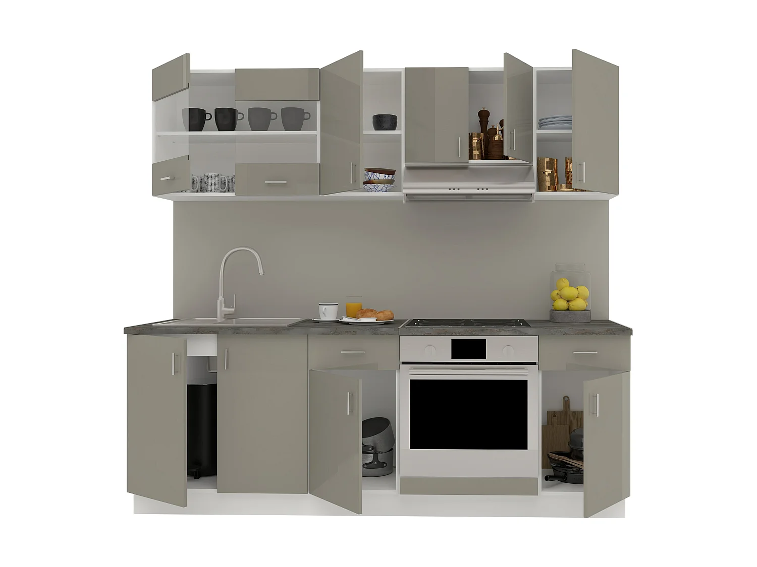 Set Set Bucatarie Karo V13, Cinza Brilhante/Branco, MDF, Tampo Thermo 28 mm, L 220 cm