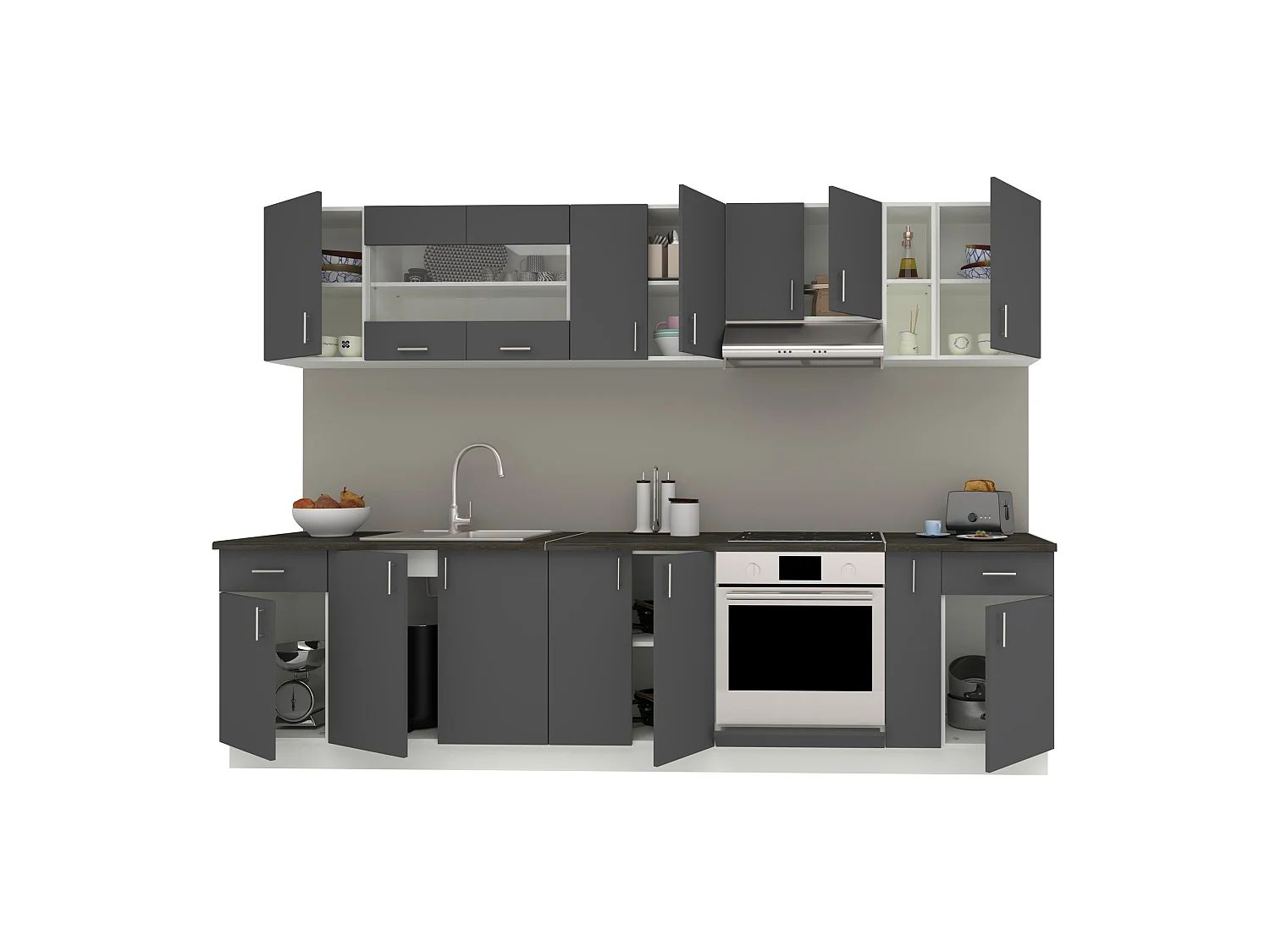 Conjunto Cozinha haaus Karo V25, Antracite/Branco, Tampo Thermo 28 mm, L 300 cm