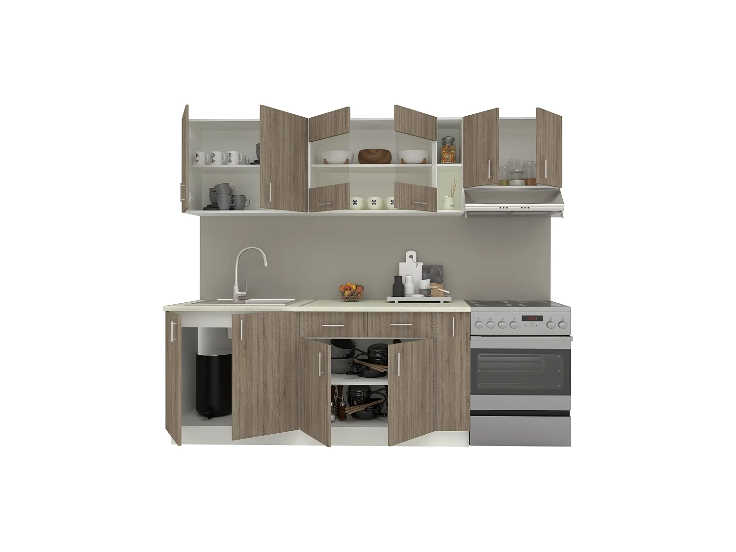 Set Cucina haaus Karo V16, Rovere Sonoma Scuro/Bianco, Piano di lavoro Thermo 28 mm, L 240