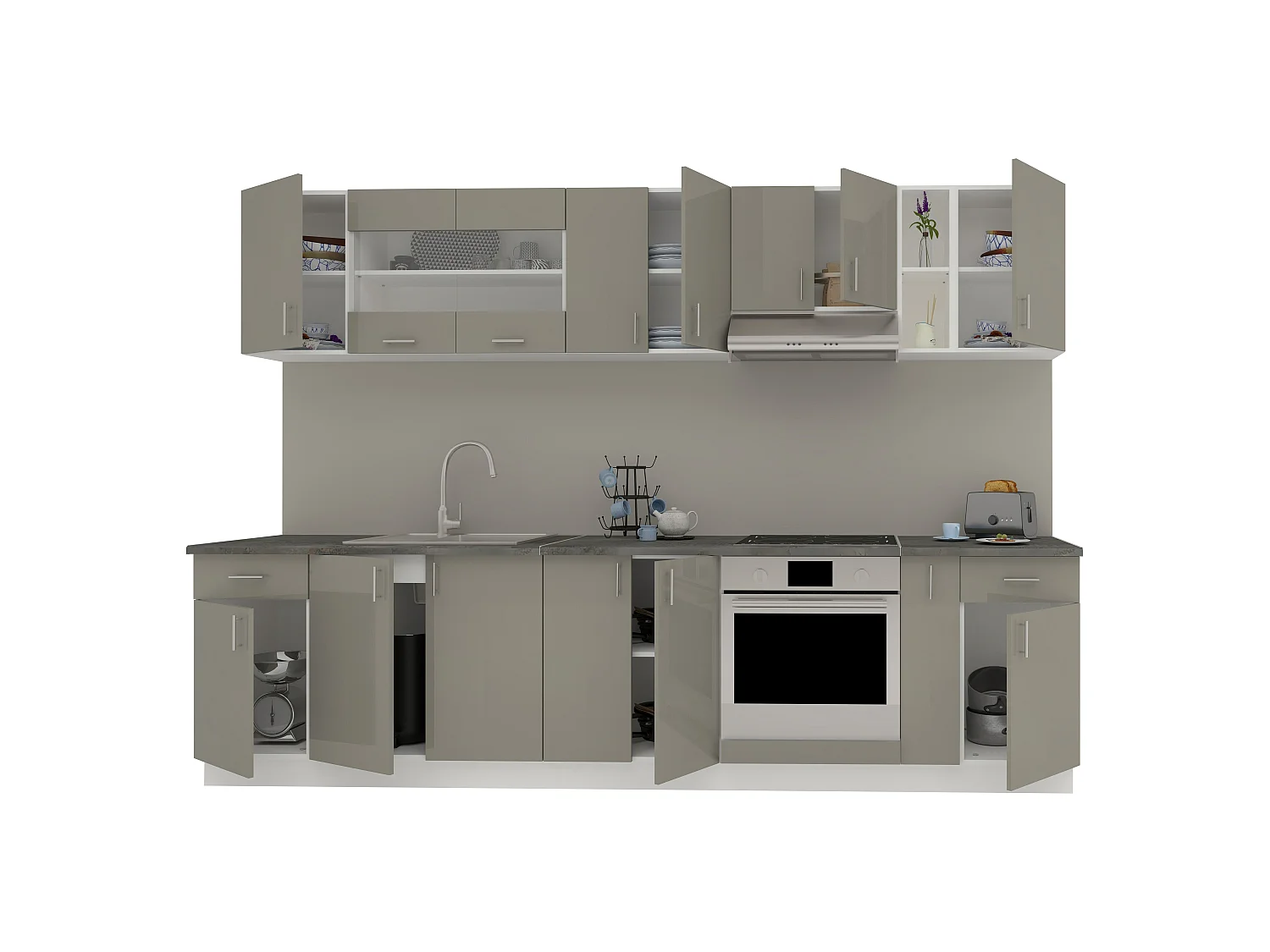 Set Cozinha haaus Karo V25, Cinza Brilhante/Branco, MDF, Tampo Thermo 28 mm, L 300 cm