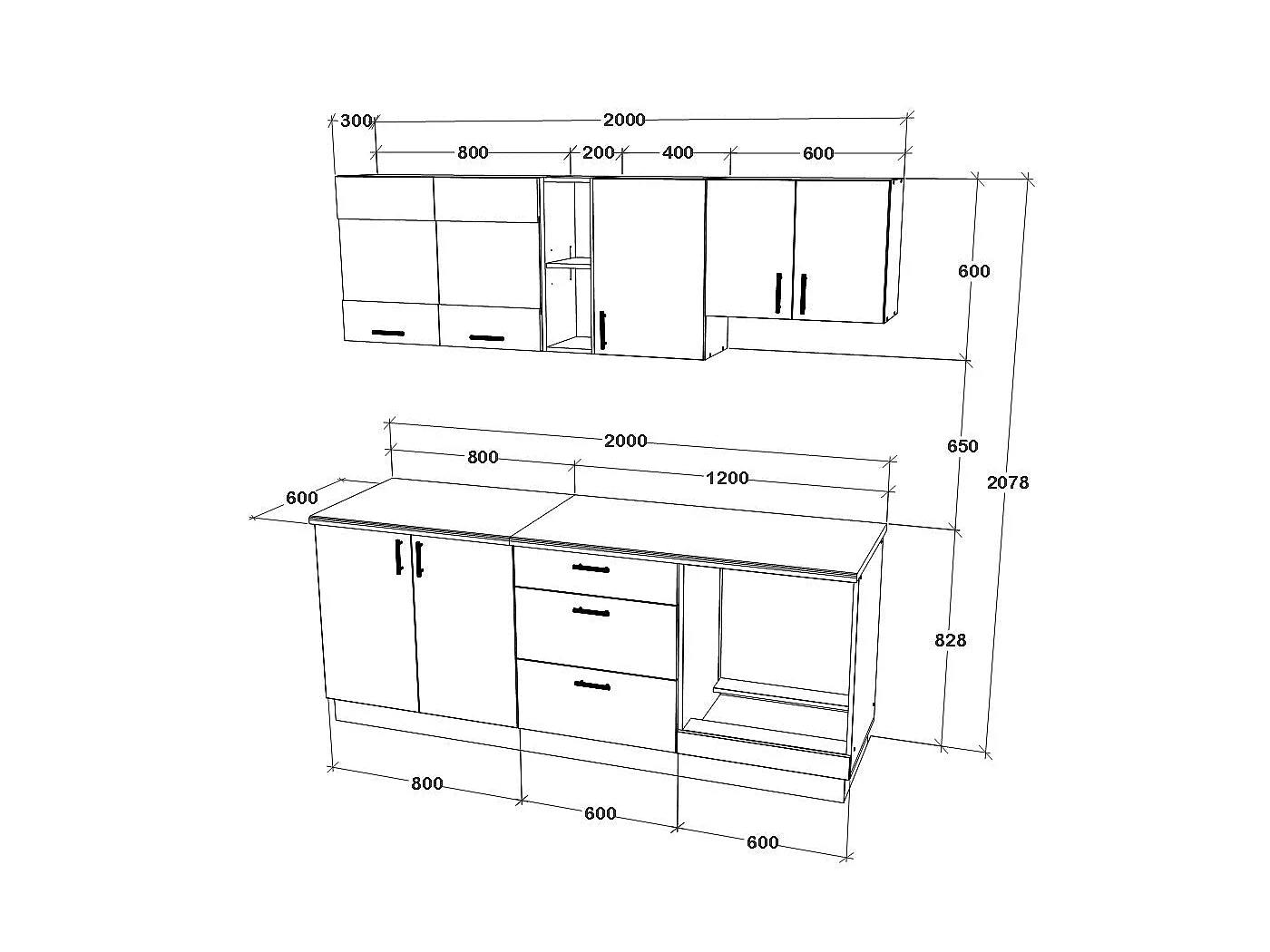 Conjunto Cocina haaus Karo V12, Blanco, Encimera Thermo 28 mm, L 200 cm