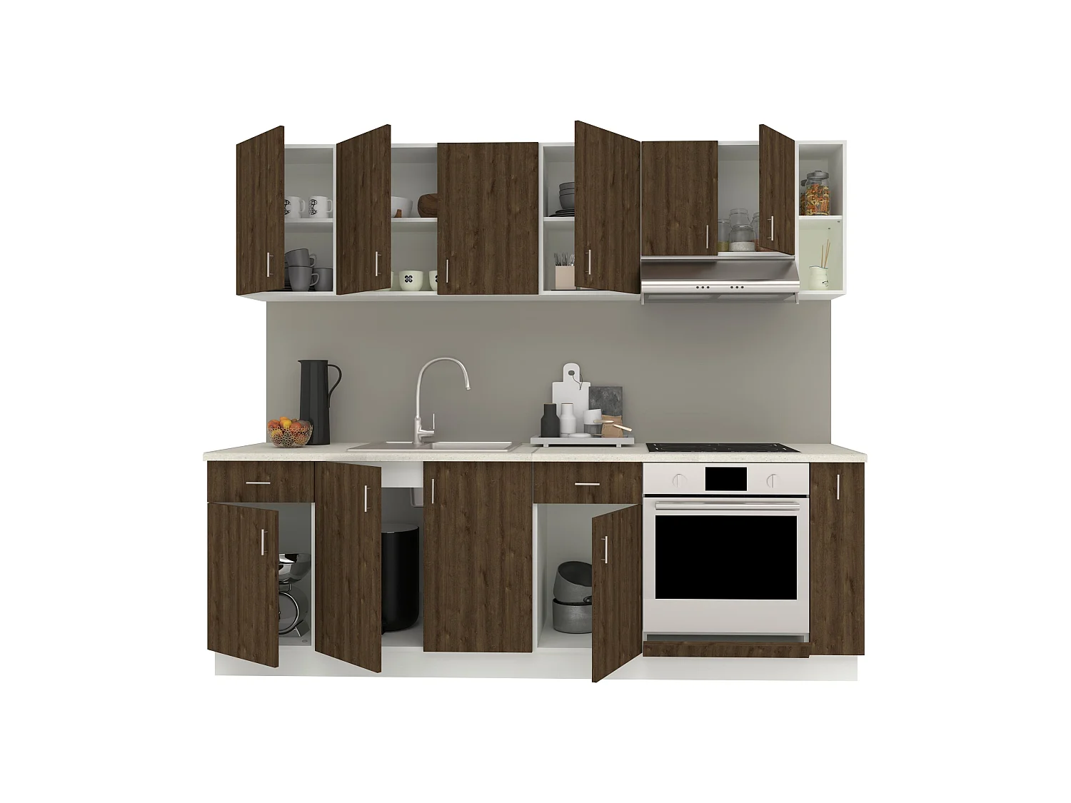 Set Cuisine haaus Karo V17, Chêne bronze/Blanc, Plan de travail Thermo 28 mm, L 240 cm