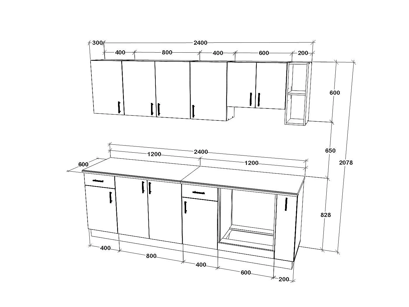Set Cuisine haaus Karo V17, Chêne bronze/Blanc, Plan de travail Thermo 28 mm, L 240 cm