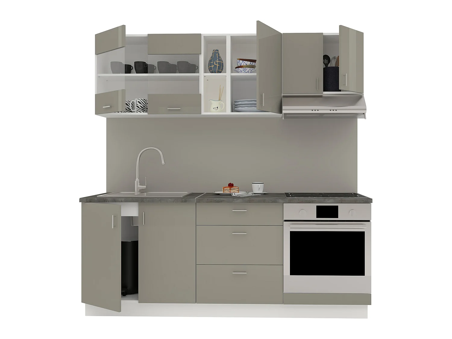 Set Cozinha haaus Karo V12, Cinza Brilhante/Branco, MDF, Tampo Thermo 28 mm, L 200 cm