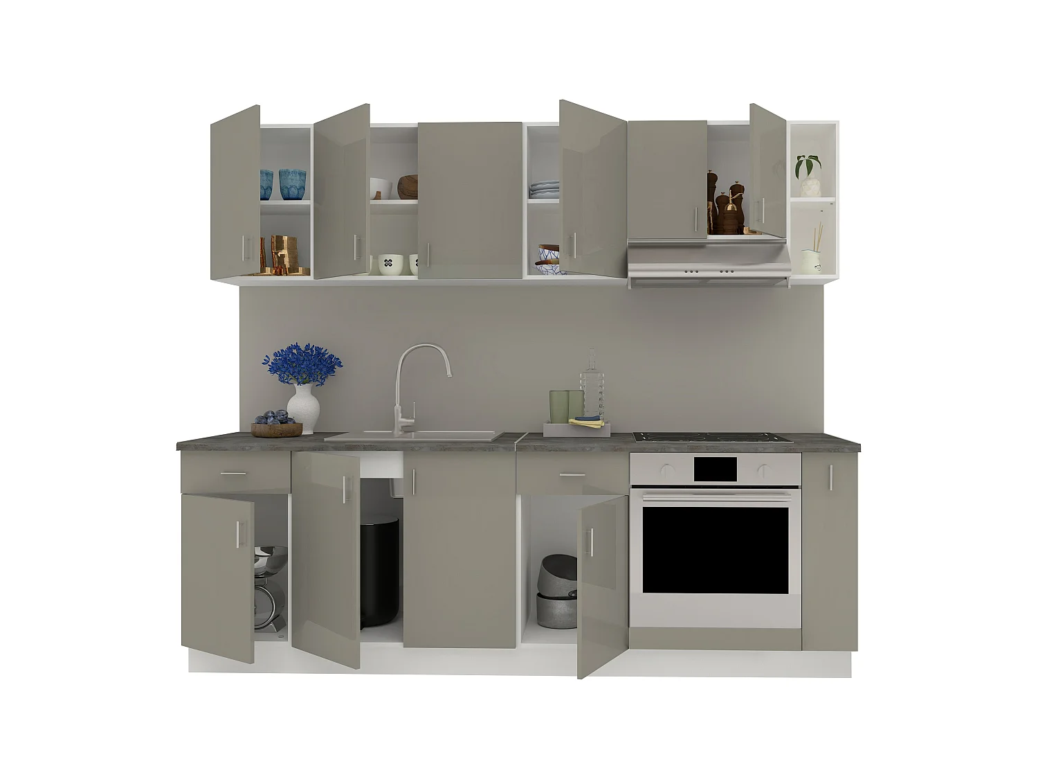 Set Cozinha haaus Karo V17, Cinza Brilhante/Branco, MDF, Tampo Thermo 28 mm, L 240 cm