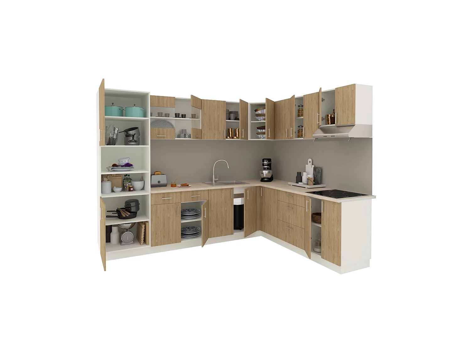 Conjunto de Cozinha haaus Karo V36, Madeira Natural/Branco, Bancada Thermo 28 mm, L 280 x 220 cm