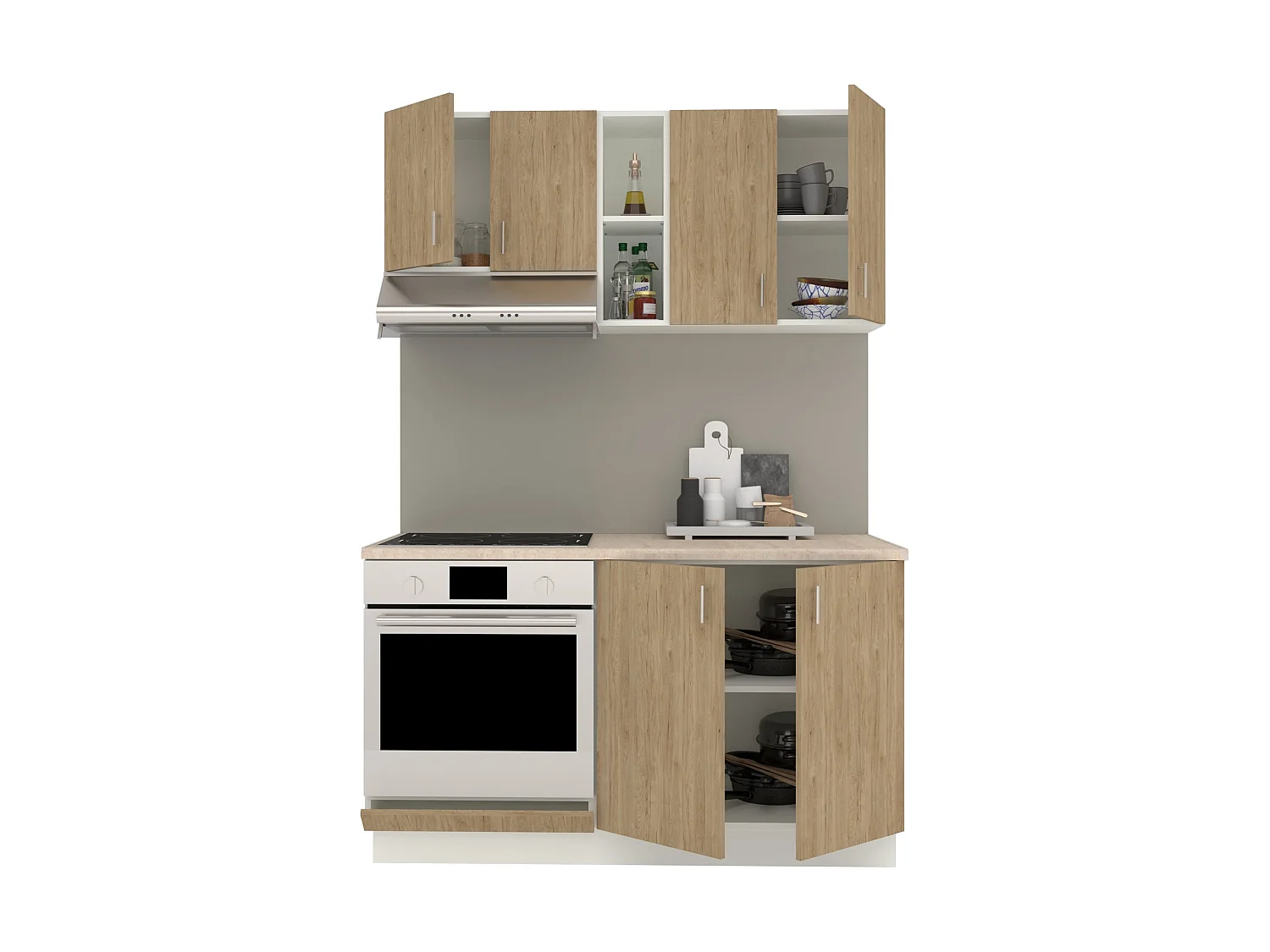 Set Cuisine haaus Karo V4, Bois Naturel/Blanc, Plan de Travail Thermo 28 mm, L 140 cm