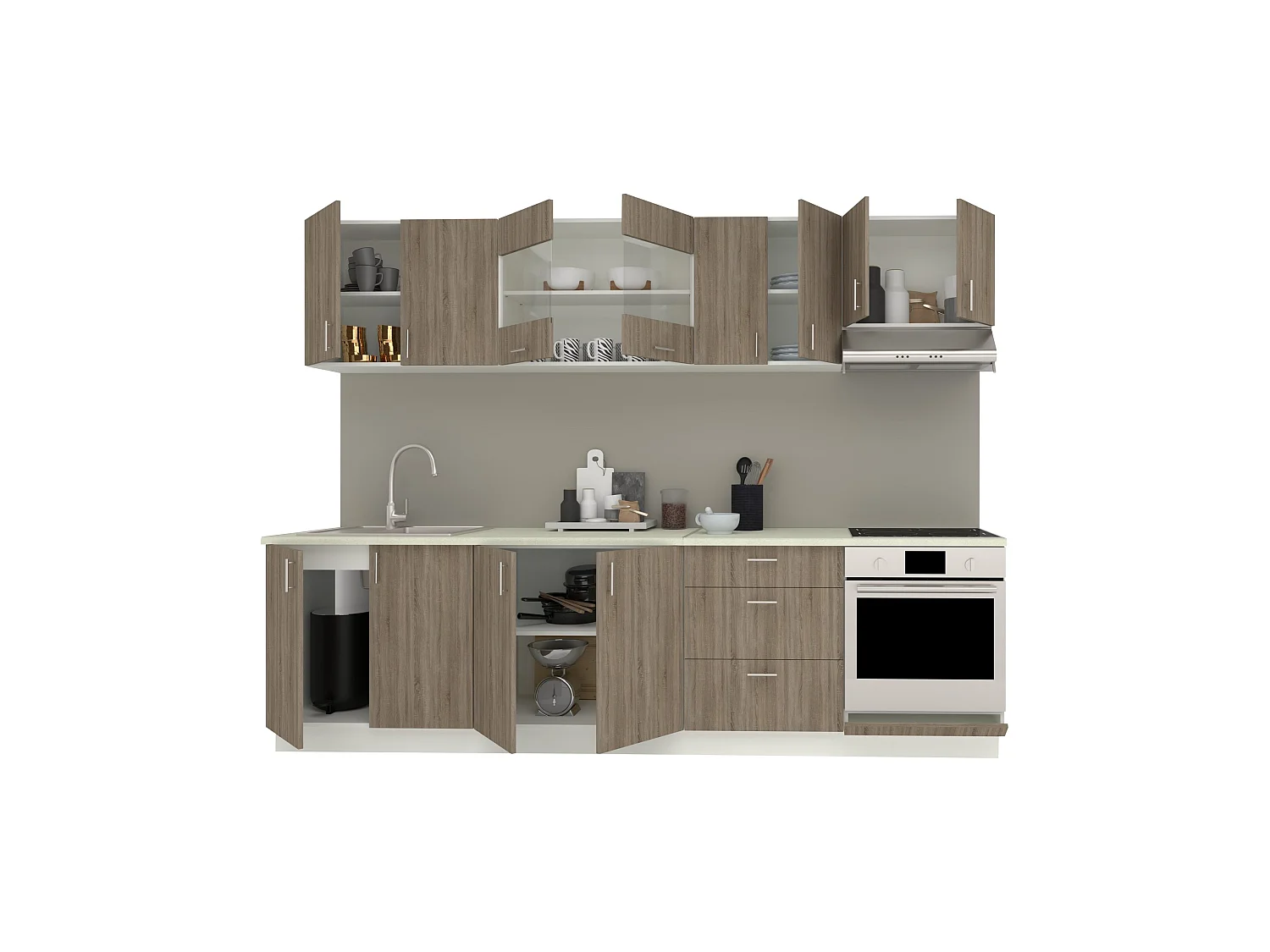 Set Cucina haaus Karo V22, Rovere Sonoma Scuro/Bianco, Piano di lavoro Thermo 28 mm, L 280