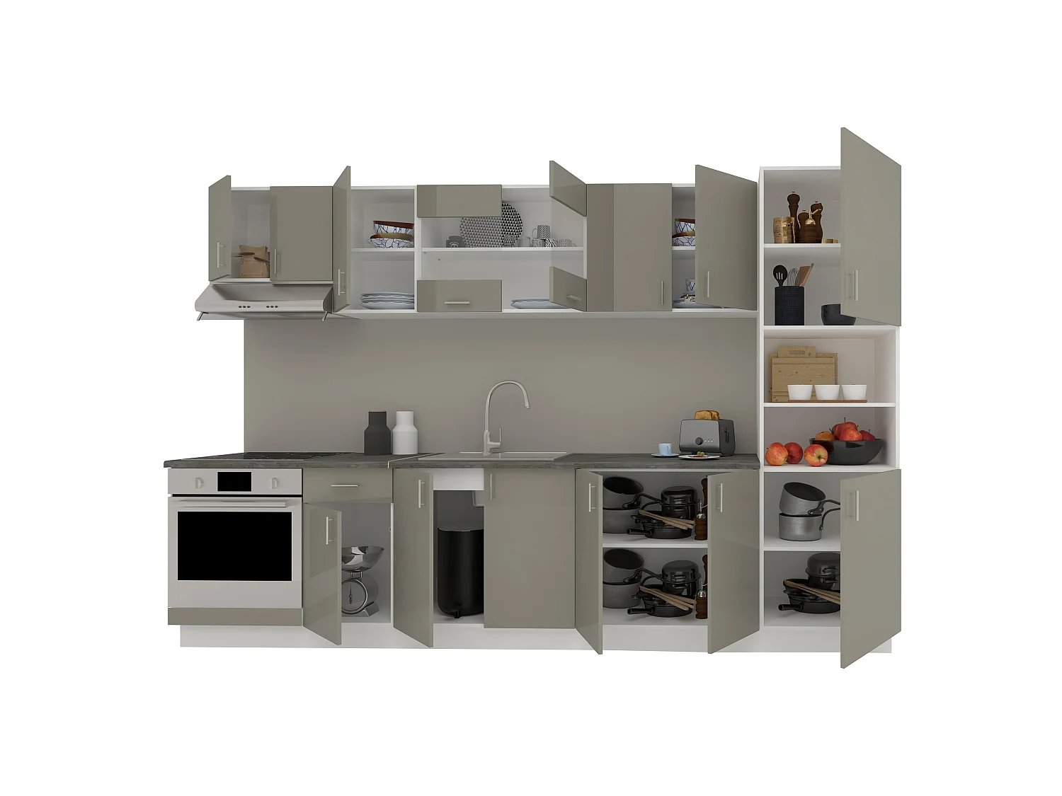 Set Cozinha haaus Karo V30, Cinza Brilhante/Branco, MDF, Tampo Thermo 28 mm, L 320 cm