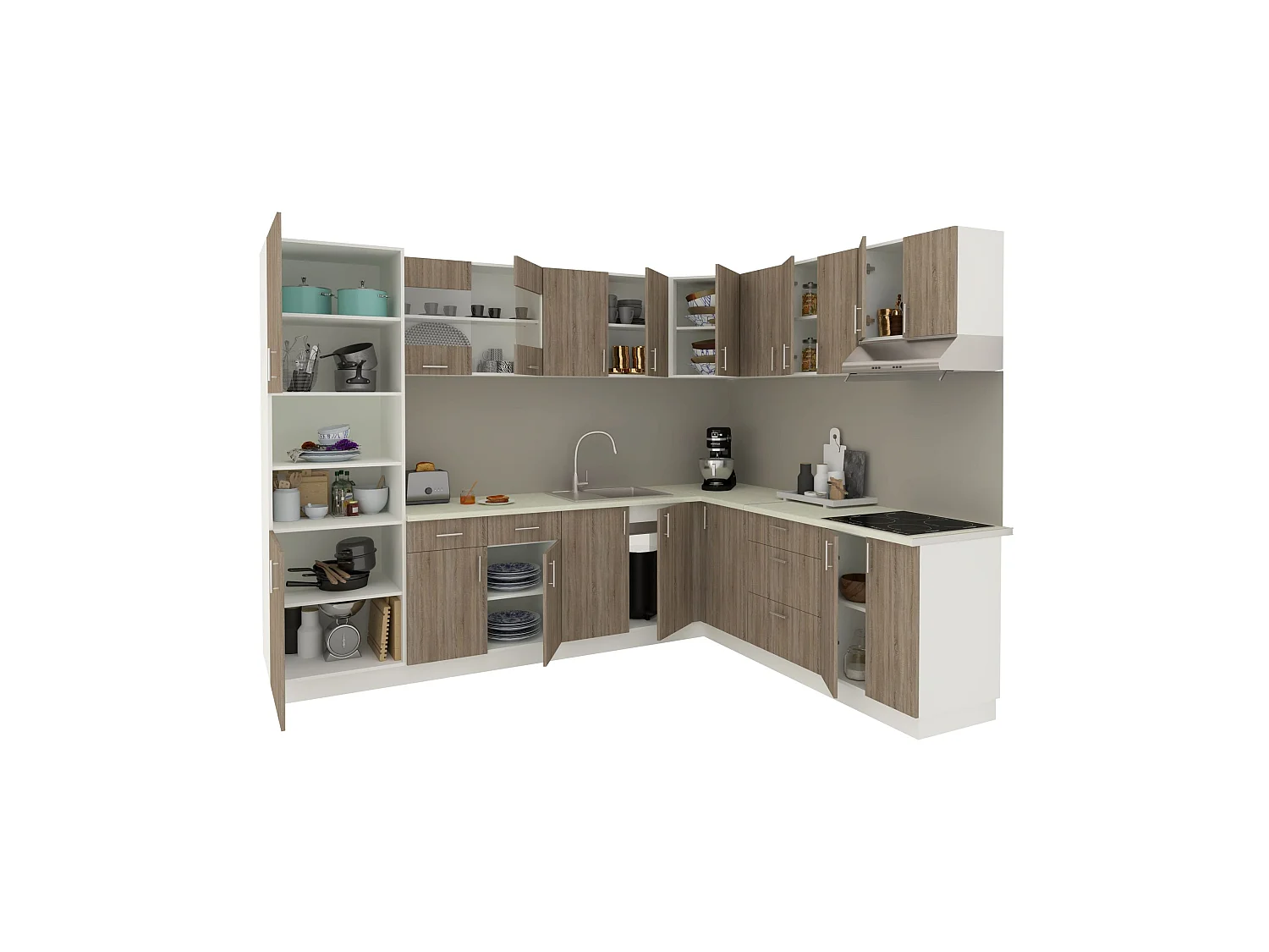 Conjunto Cozinha haaus de Canto Karo V36, Stejar Sonoma Inchis/Alb, Blat Thermo 28 mm, L 280 x 220 cm